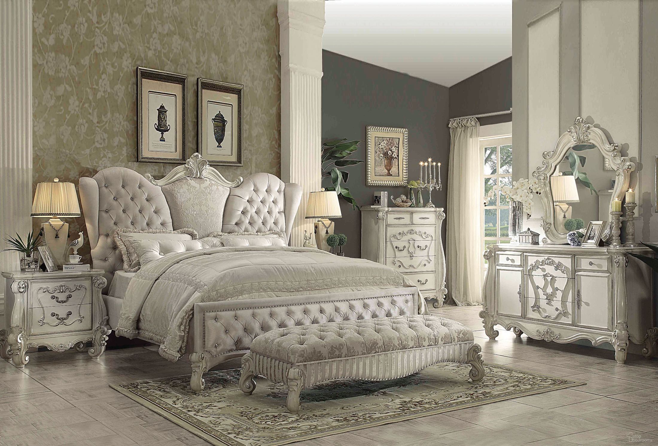 The appearance of Versailles Ivory Velvet and Bone White Upholstered Panel Bedroom Set designed by ACME in the rustic / southwestern interior design. This cream piece of furniture was selected by 1StopBedrooms from Versailles Collection to add a touch of cosiness and style into your home. Sku: 21130Q-HB;21131Q-FB;21132Q-R;21133. Bed Type: Panel Bed. Material: Upholstered. Bed Size: Queen.