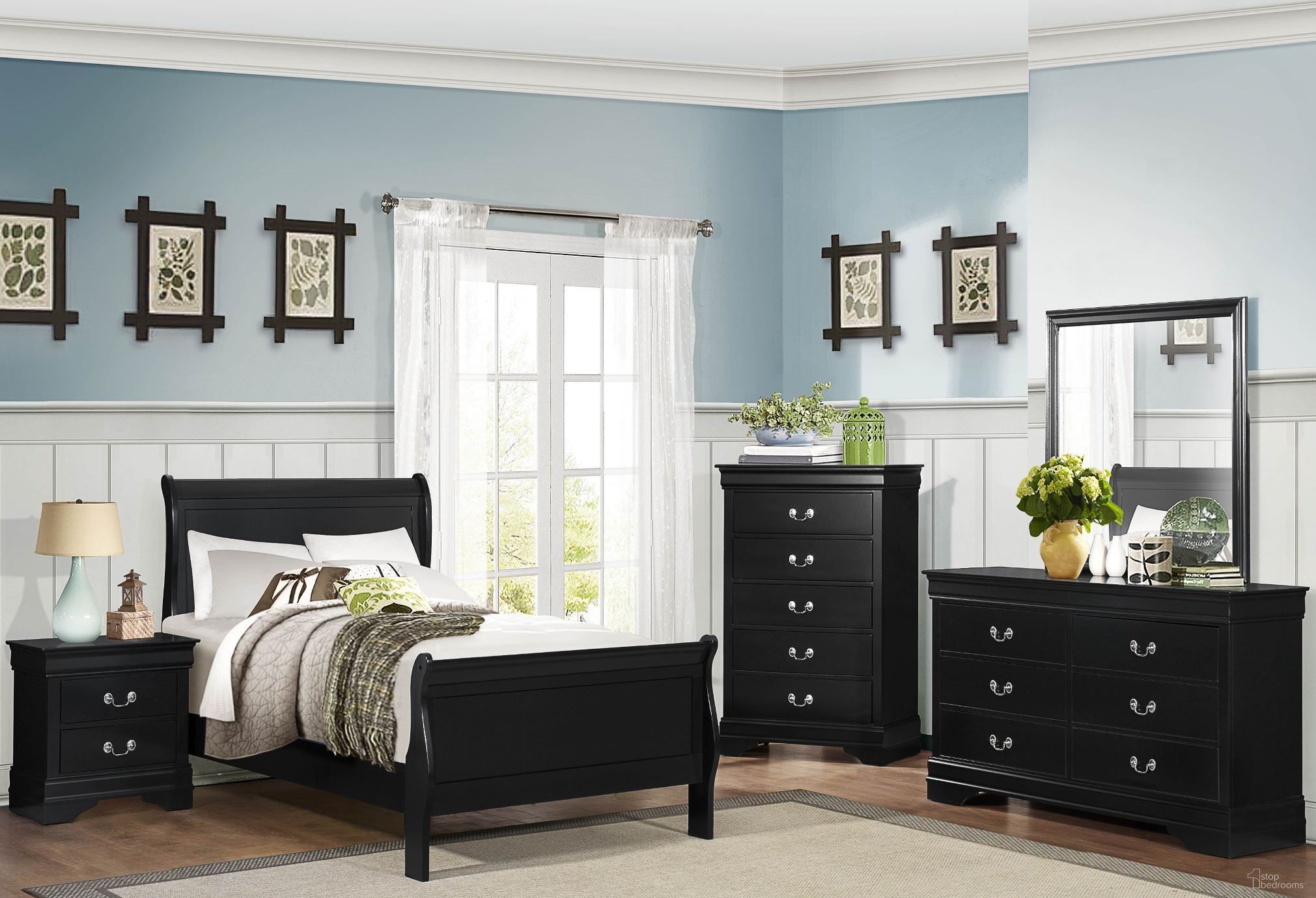 The appearance of Mayville Burnished Black Youth Sleigh Bedroom Set designed by Homelegance in the modern / contemporary interior design. This black piece of furniture  was selected by 1StopBedrooms from Mayville Collection to add a touch of cosiness and style into your home. Sku: 2147TBK-1;2147TBK-3;2147BK-4. Bed Type: Sleigh Bed. Material: Wood. Bed Size: Twin.
