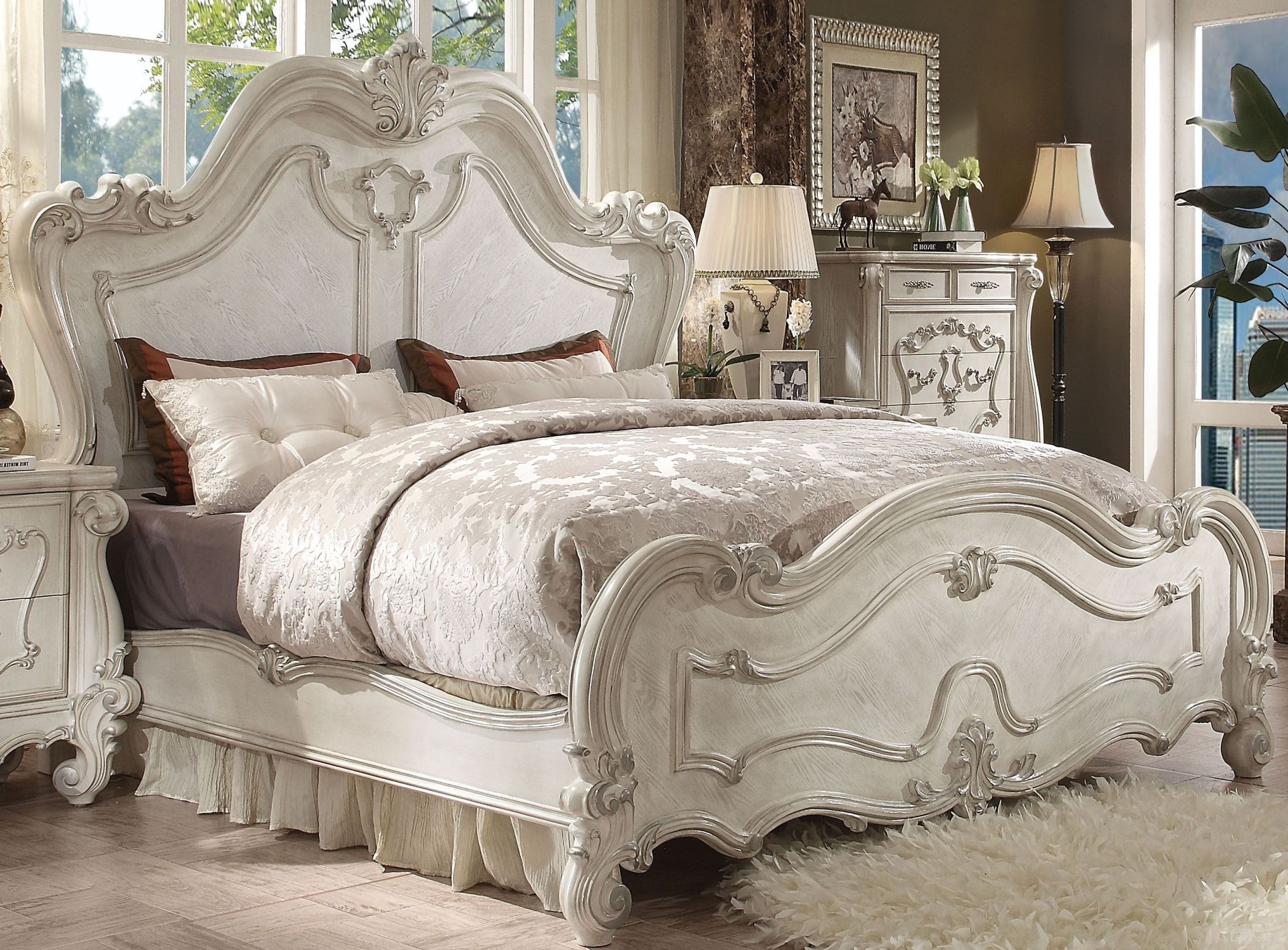The appearance of Versailles Bone White King Panel Bed designed by ACME in the rustic / southwestern interior design. This white piece of furniture  was selected by 1StopBedrooms from Versailles Collection to add a touch of cosiness and style into your home. Sku: 21757EK-HB;21758EK-FB;21759EK-R. Bed Type: Panel Bed. Material: Wood. Bed Size: King.
