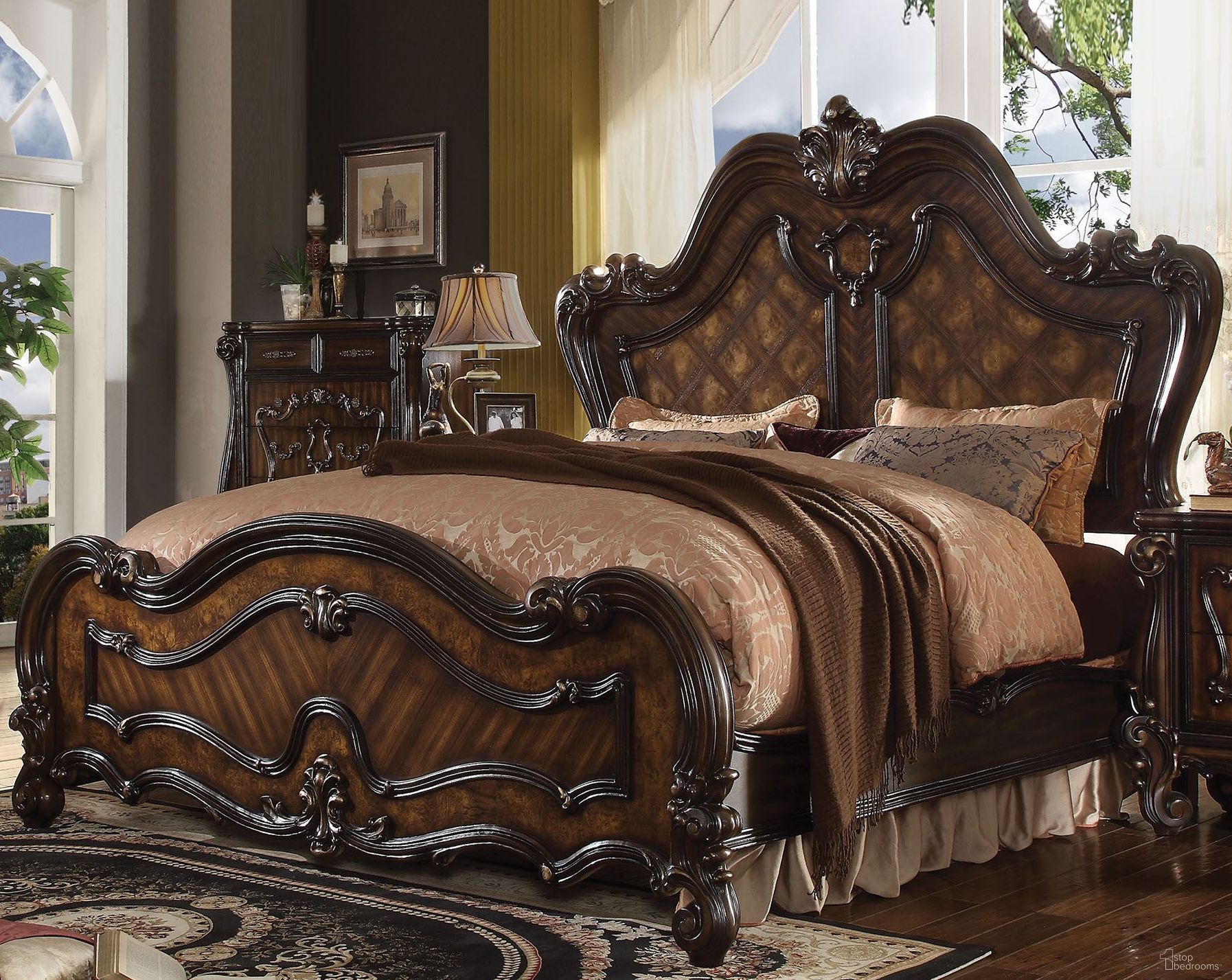 The appearance of Versailles Cherry Oak Queen Panel Bed designed by ACME in the rustic / southwestern interior design. This cherry oak piece of furniture  was selected by 1StopBedrooms from Versailles Collection to add a touch of cosiness and style into your home. Sku: 21790Q-HB;21791Q-FB;21792Q-R. Bed Type: Panel Bed. Material: Wood. Bed Size: Queen.