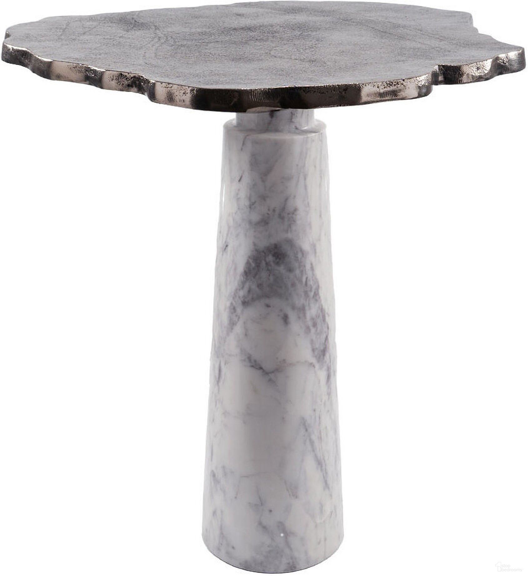 22 Inch Aluminum and Marble Pedestal End Table In Silver and White