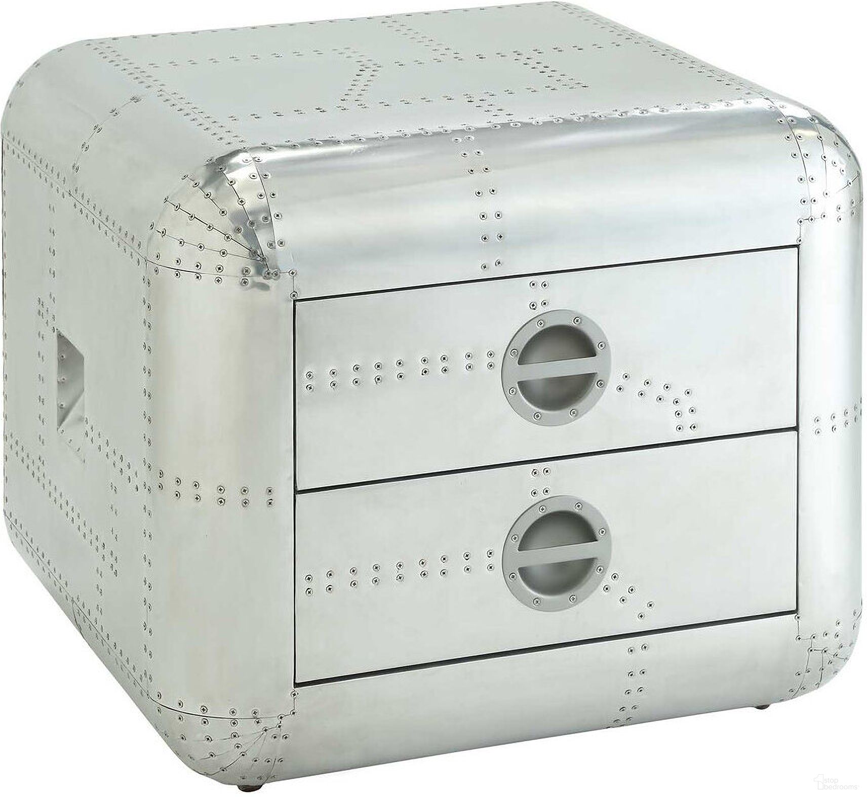 22 Inch Aluminum Aviator Trunk Style Square End Table with Two Drawers In Silver