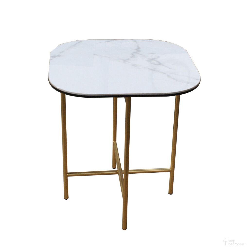 22 Inch Ceramic and Metal Square End Table In White and Gold