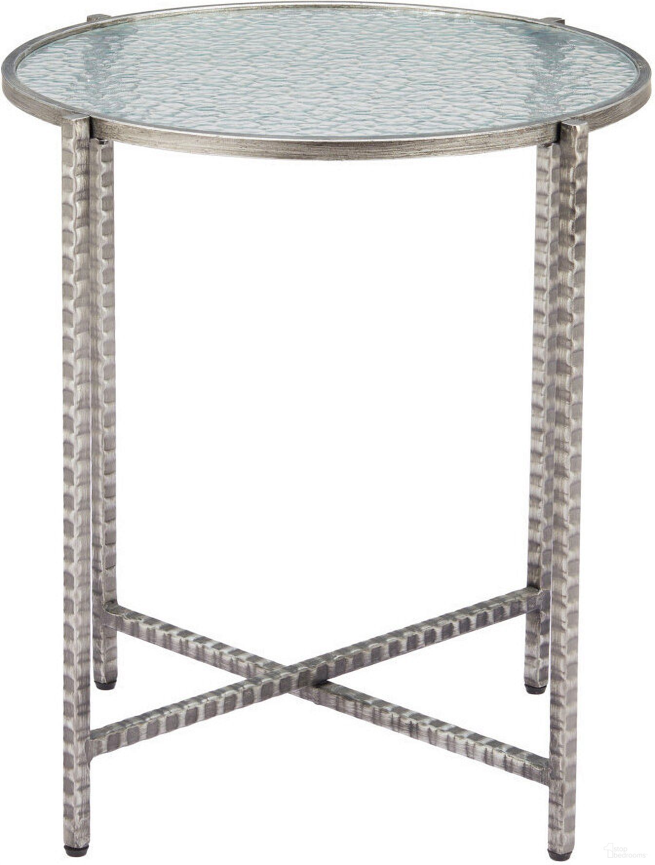 The appearance of 22 Inch Glass and Distressed Steel Round End Table In Clear and Silver designed by Homeroots in the modern / contemporary interior design. This clear/silver piece of furniture  was selected by 1StopBedrooms from  to add a touch of cosiness and style into your home. Sku: 632661. Material: Glass.
