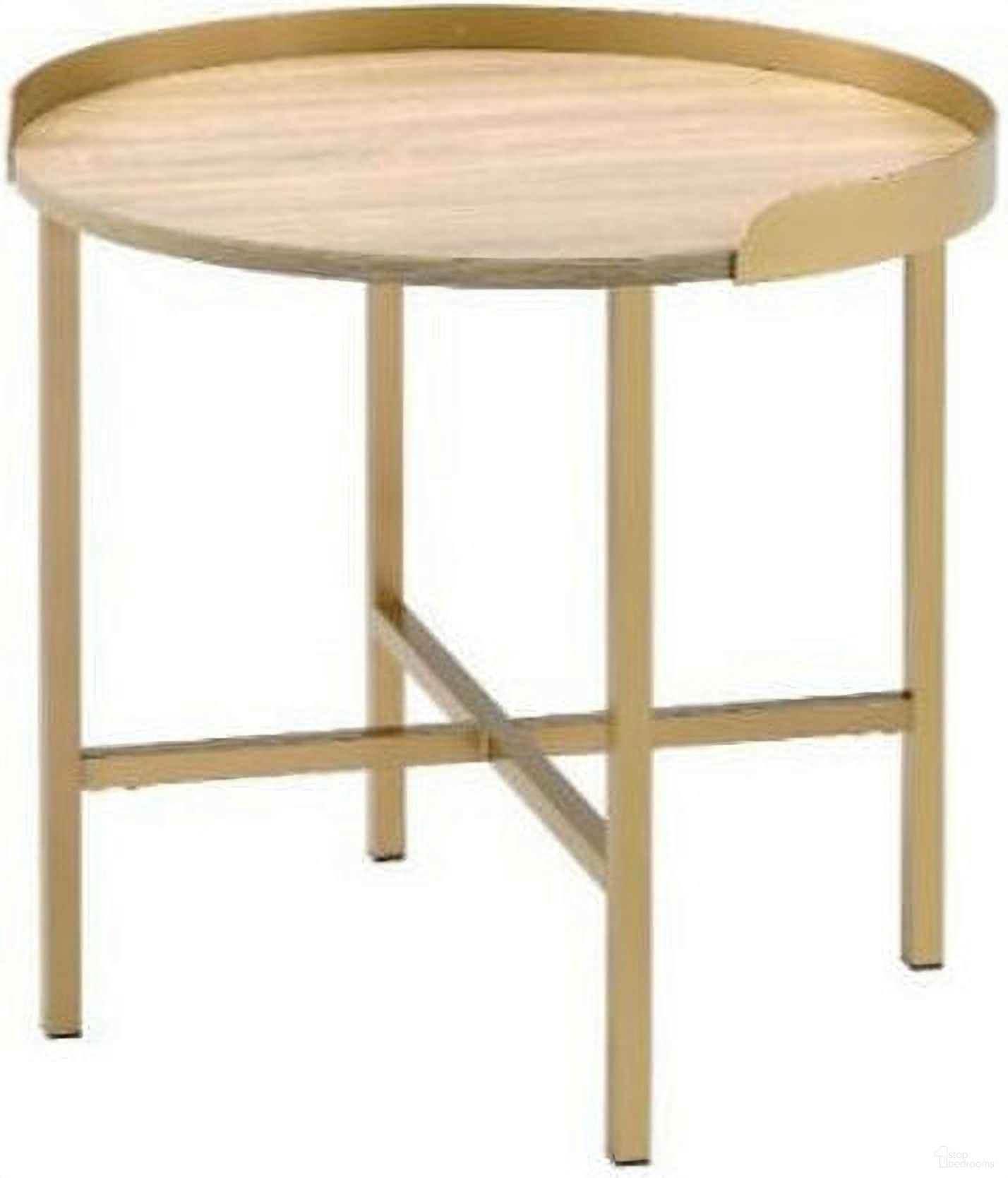 The appearance of 22 Inch Manufactured Wood and Metal Round End Table In Gold and Oak designed by Homeroots in the transitional interior design. This gold and oak piece of furniture  was selected by 1StopBedrooms from  to add a touch of cosiness and style into your home. Sku: 485845. Material: Metal.