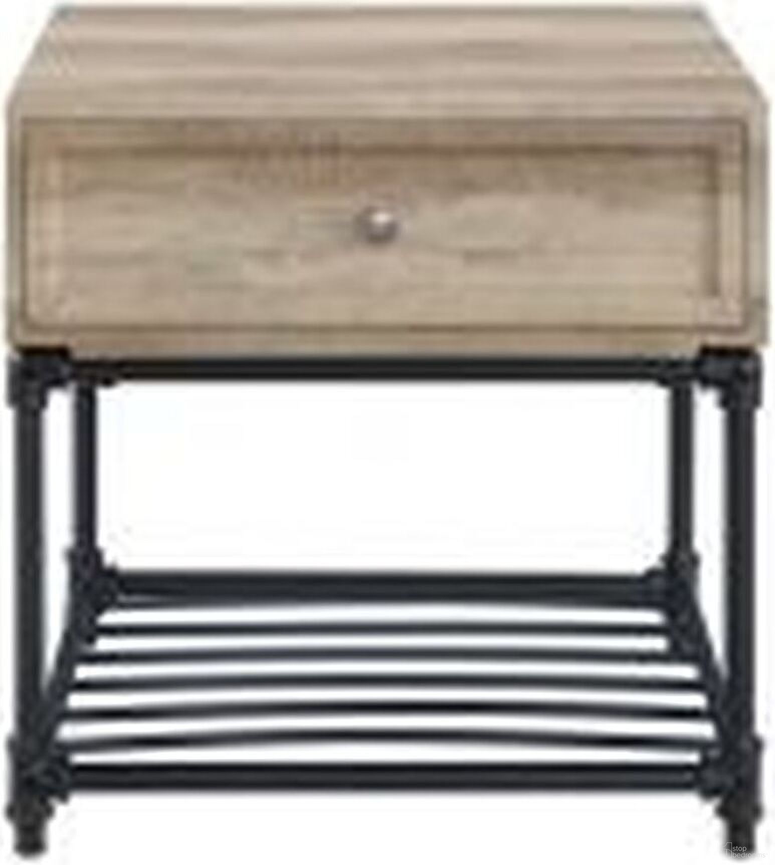 22 Inch Manufactured Wood and Metal Square End Table with Drawer and Shelf In Sandy Black and Oak