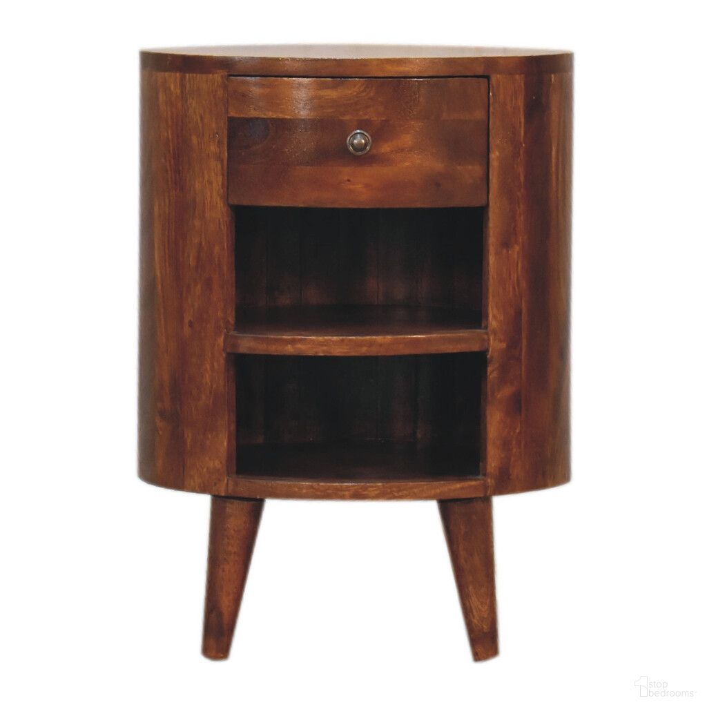 The appearance of 22 Inch Solid Wood Oval One Drawer Nightstand In Chestnut designed by Homeroots in the traditional interior design. This chestnut piece of furniture  was selected by 1StopBedrooms from  to add a touch of cosiness and style into your home. Sku: 651594. Material: Solid Wood.