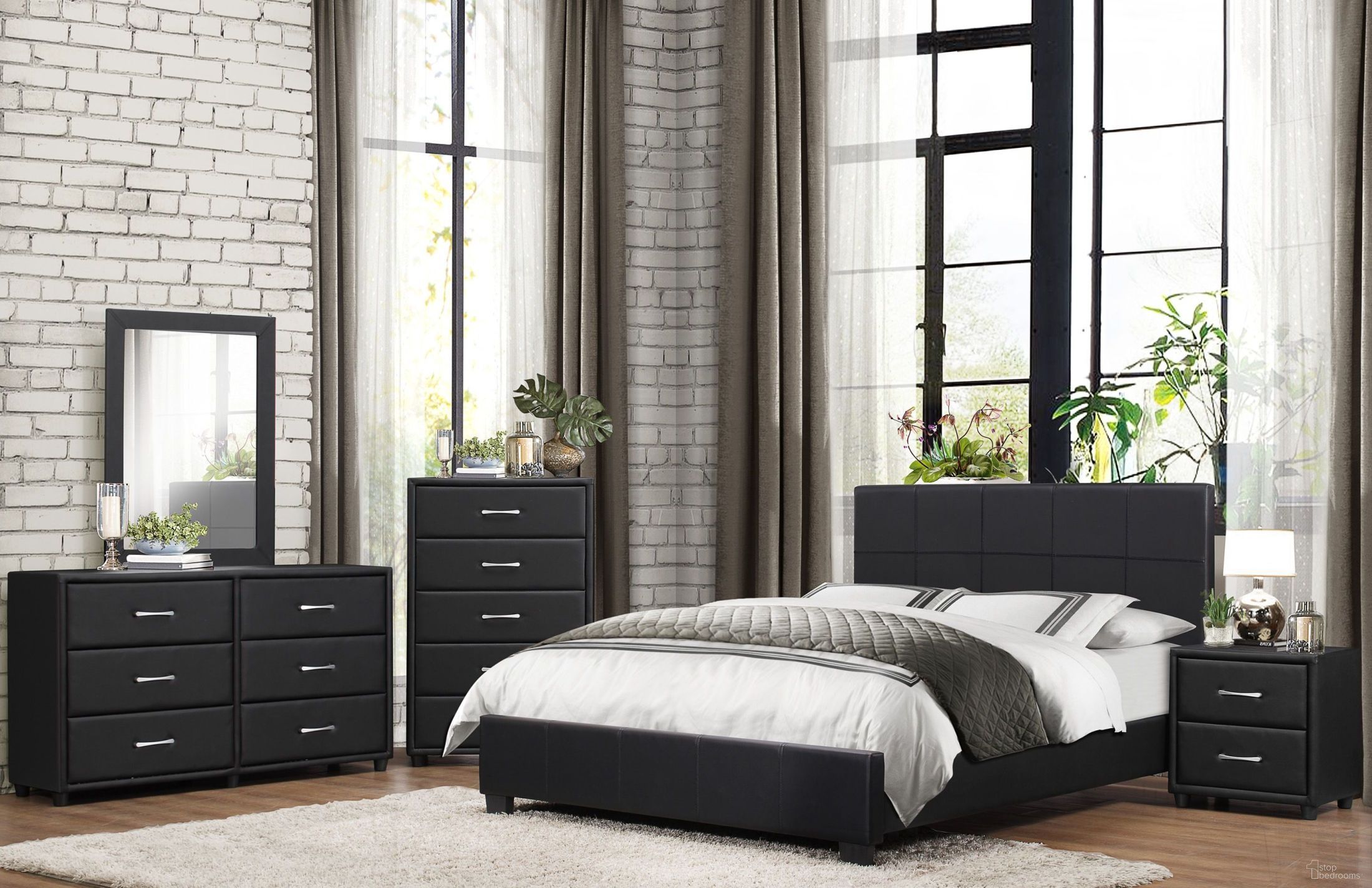 The appearance of Lorenzi Black Upholstered Platform Bedroom Set designed by Homelegance in the modern / contemporary interior design. This black piece of furniture was selected by 1StopBedrooms from Lorenzi Collection to add a touch of cosiness and style into your home. Sku: 2220-1;2220-3;2220-4. Bed Type: Platform Bed. Bed Size: Queen. Material: Vinyl.