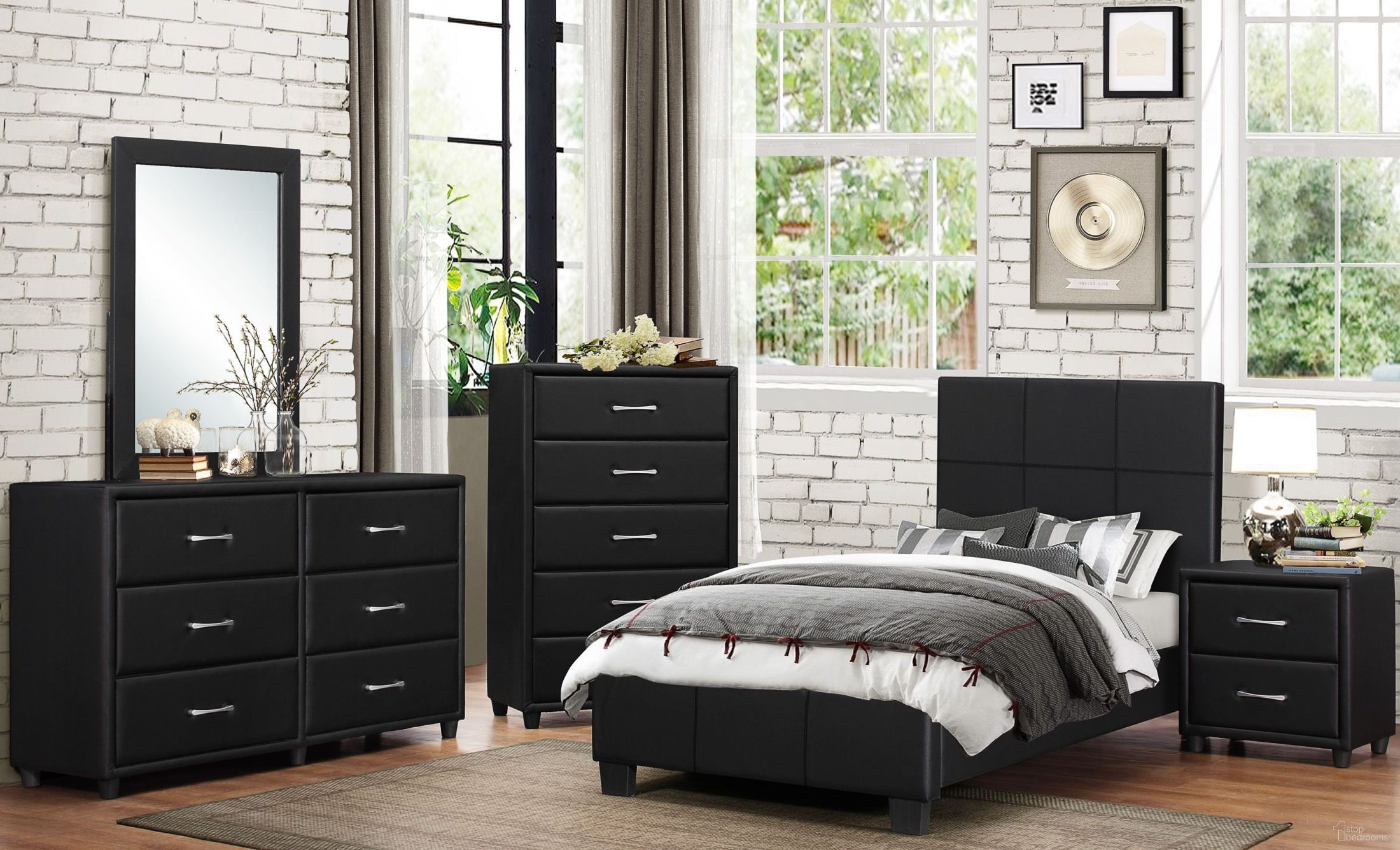 The appearance of Lorenzi Black Youth Upholstered Platform Bedroom Set designed by Homelegance in the modern / contemporary interior design. This black piece of furniture was selected by 1StopBedrooms from Lorenzi Collection to add a touch of cosiness and style into your home. Sku: 2220T-1;2220T-3;2220-4. Bed Type: Platform Bed. Bed Size: Twin. Material: Vinyl.