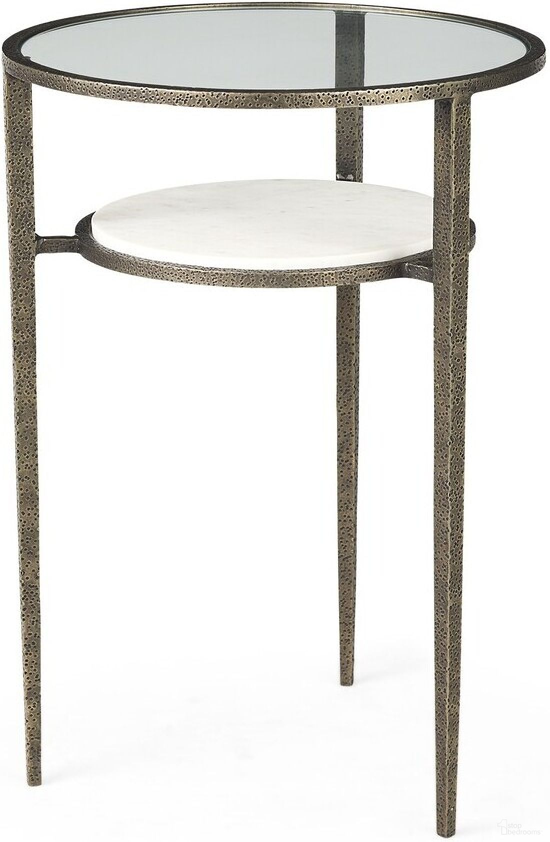 The appearance of 23 Inch Glass and Metal Round End Table with Shelf In Clear and Bronze designed by Homeroots in the modern / contemporary interior design. This clear/bronze piece of furniture  was selected by 1StopBedrooms from  to add a touch of cosiness and style into your home. Sku: 393196. Material: Glass.