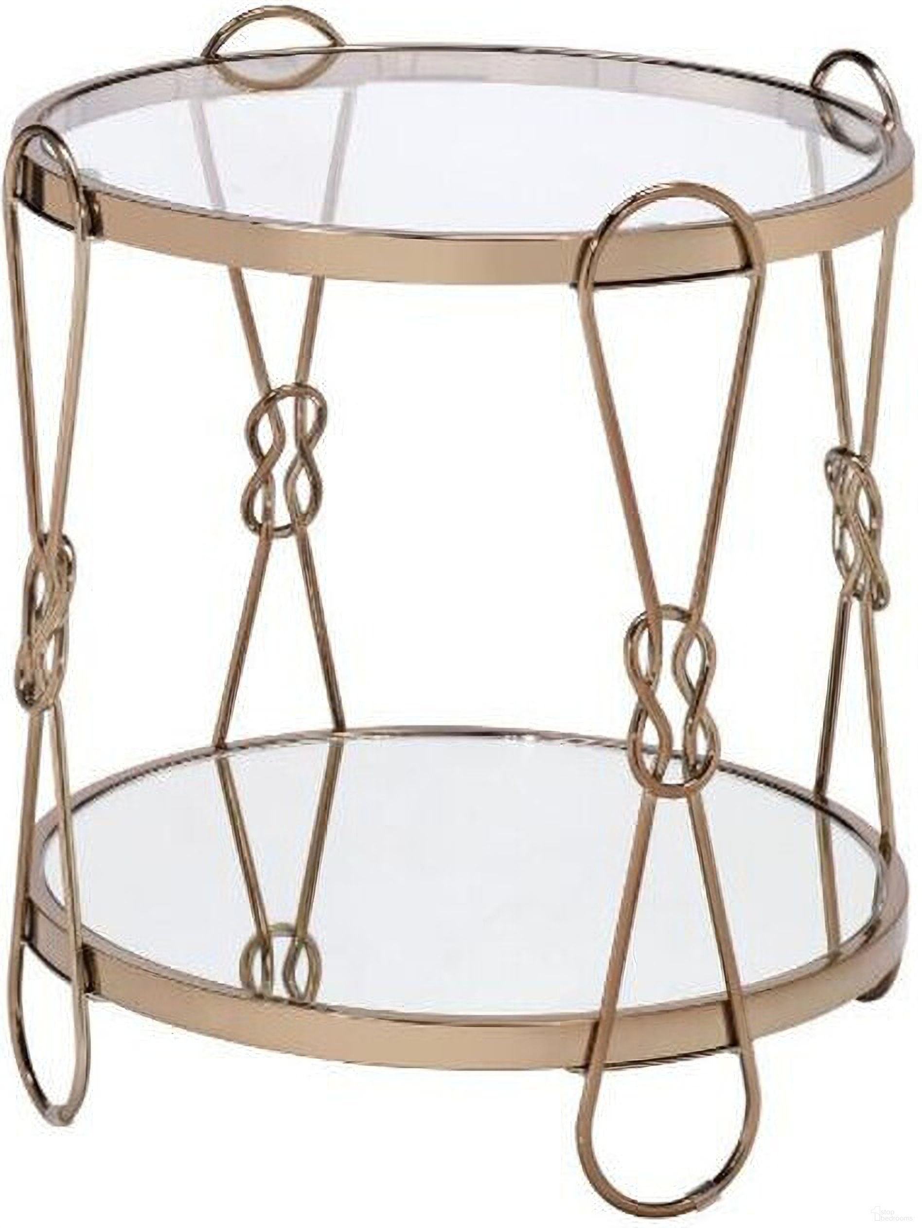 The appearance of 23 Inch Mirrored and Metal Round End Table with Shelf In Gold designed by Homeroots in the modern / contemporary interior design. This gold piece of furniture  was selected by 1StopBedrooms from  to add a touch of cosiness and style into your home. Sku: 486370. Material: Metal.