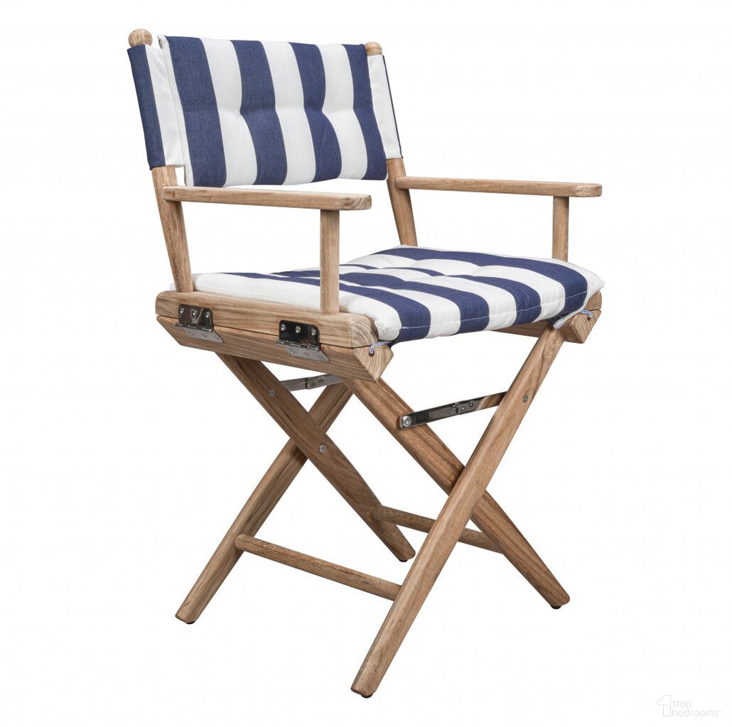 23 Inch Wood Solid Wood Indoor Outdoor Director Chair with Blue and White Cushion In Blue and White