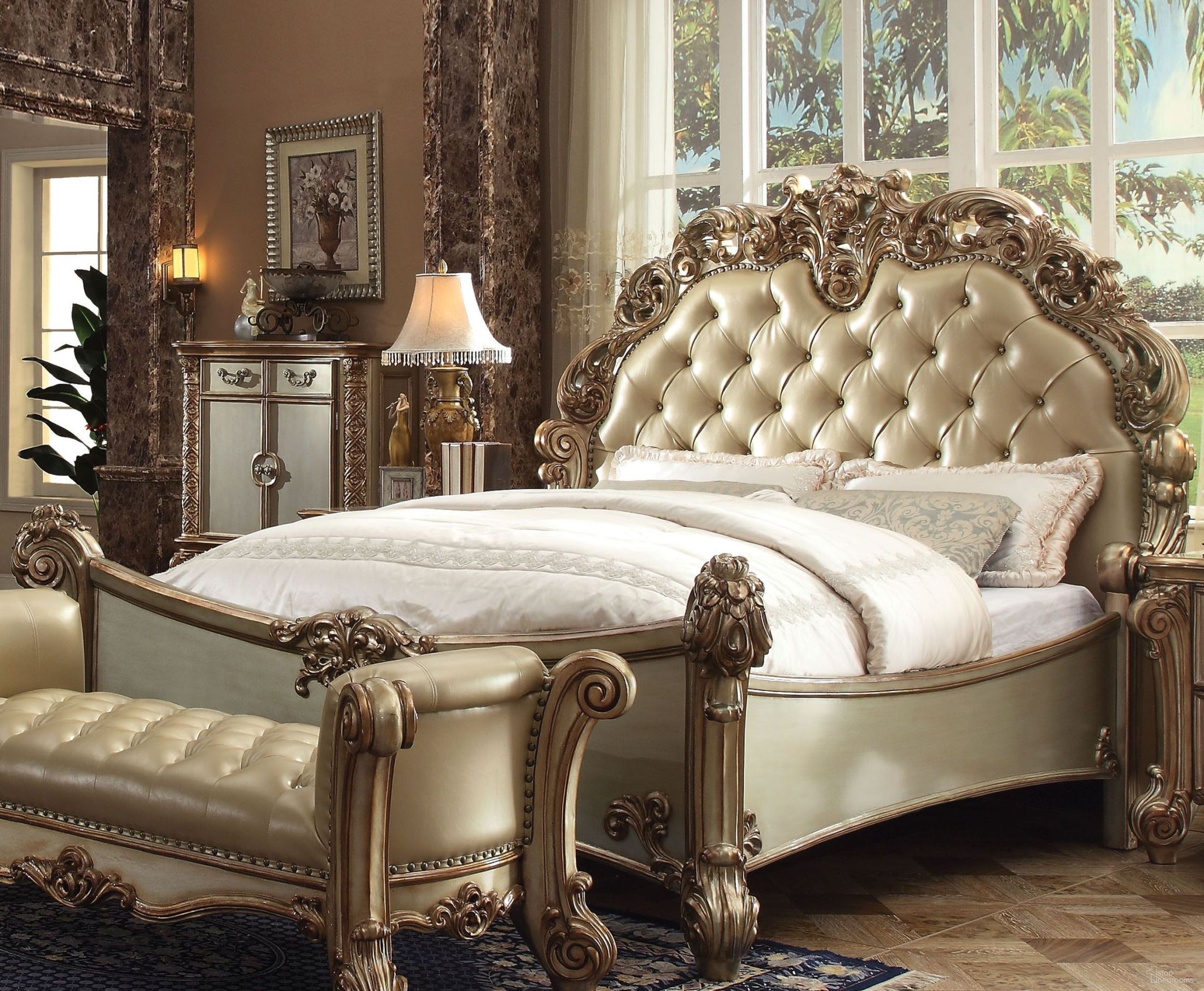 The appearance of Vendome Bone Gold Patina Cal. King Upholstered Panel Bed designed by ACME in the rustic / southwestern interior design. This gold patina piece of furniture was selected by 1StopBedrooms from Vendome Collection to add a touch of cosiness and style into your home. Sku: 22994CK-HB;22995CK-FB;22996CK-R. Bed Type: Panel Bed. Material: Wood. Bed Size: California King.