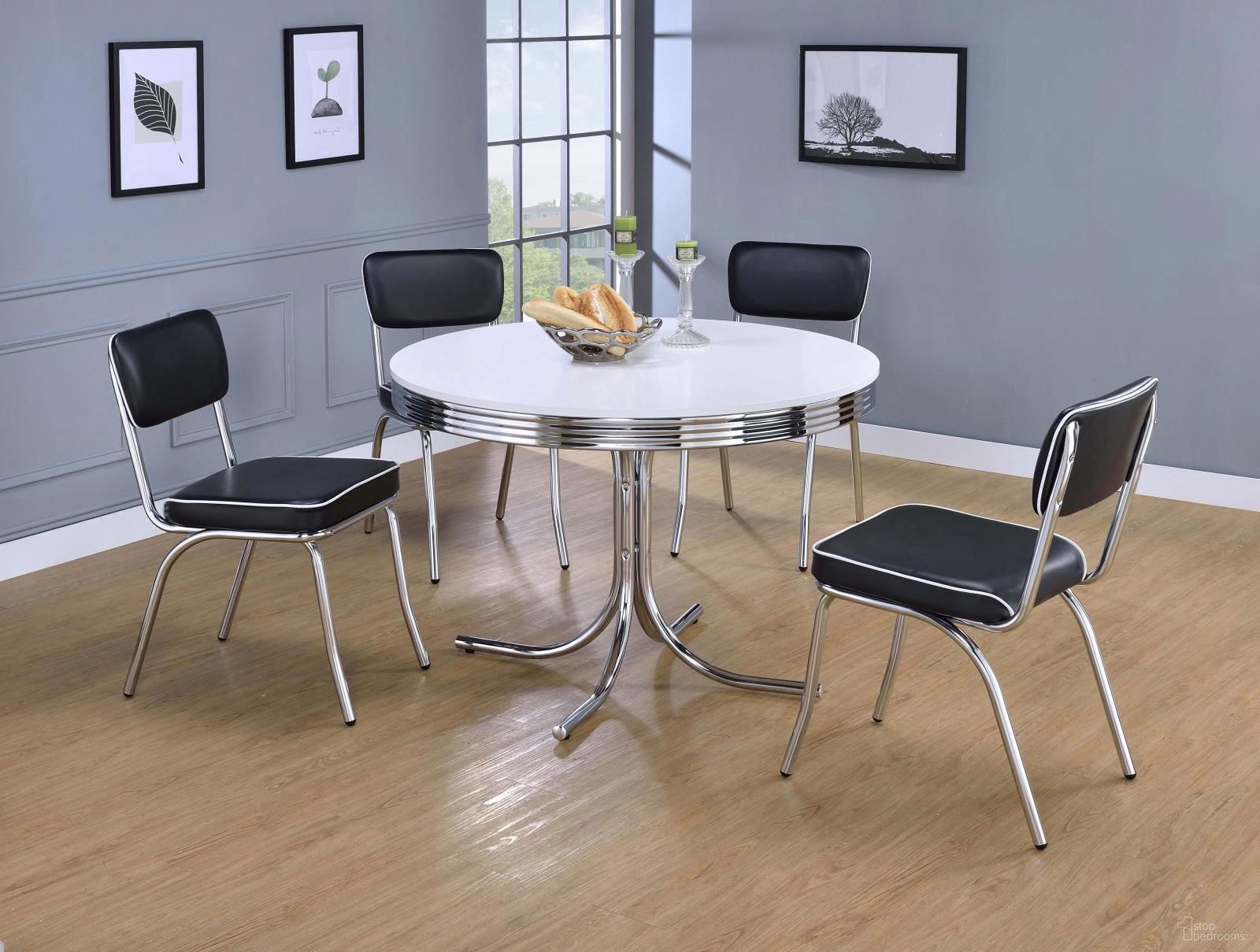 The appearance of Chrome Round Retro Dining Room Set designed by Coaster in the modern / contemporary interior design. This chrome piece of furniture was selected by 1StopBedrooms from Retro Collection to add a touch of cosiness and style into your home. Sku: 2388;2066. Table Base Style: Pedestal. Table Top Shape: Round. Material: Metal. Size: 42" x 42".