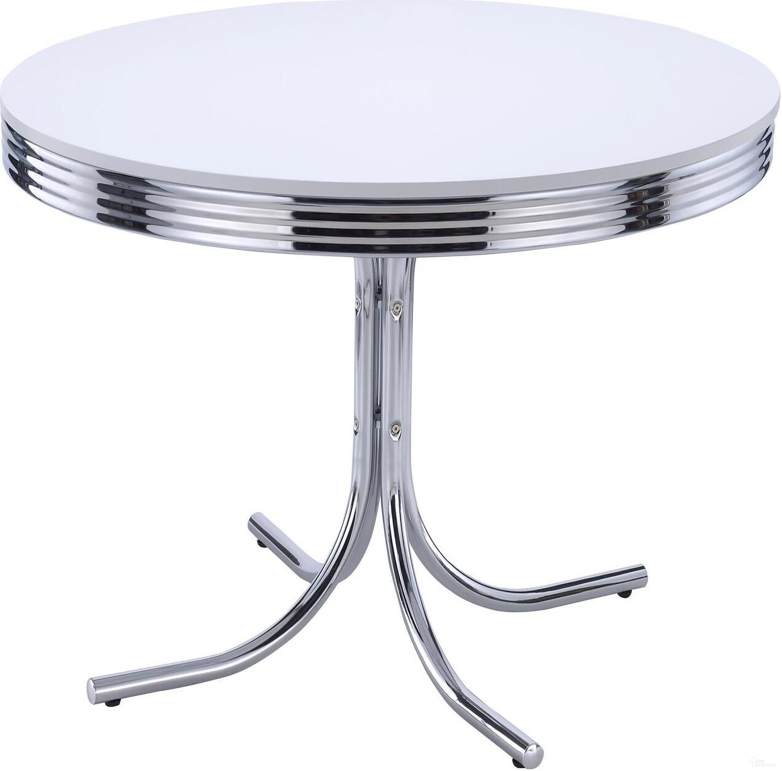 The appearance of Retro Round Dining Table Glossy White and Chrome designed by Coaster in the modern / contemporary interior design. This chrome piece of furniture  was selected by 1StopBedrooms from Retro Collection to add a touch of cosiness and style into your home. Sku: 2388. Table Base Style: Pedestal. Table Top Shape: Round. Material: Metal. Size: 42" x 42".