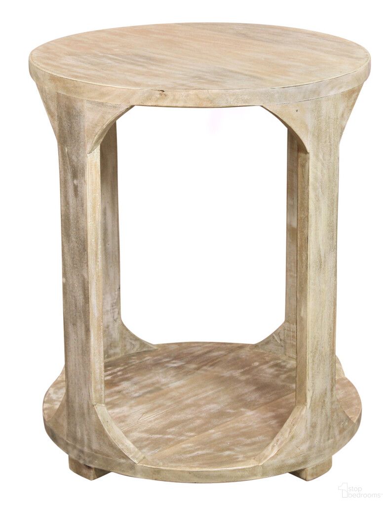 The appearance of 24 Inch Distressed Solid Wood Round Frame End Table with Shelf In Natural designed by Homeroots in the rustic / southwestern interior design. This natural piece of furniture  was selected by 1StopBedrooms from  to add a touch of cosiness and style into your home. Sku: 605349. Material: Solid Wood.