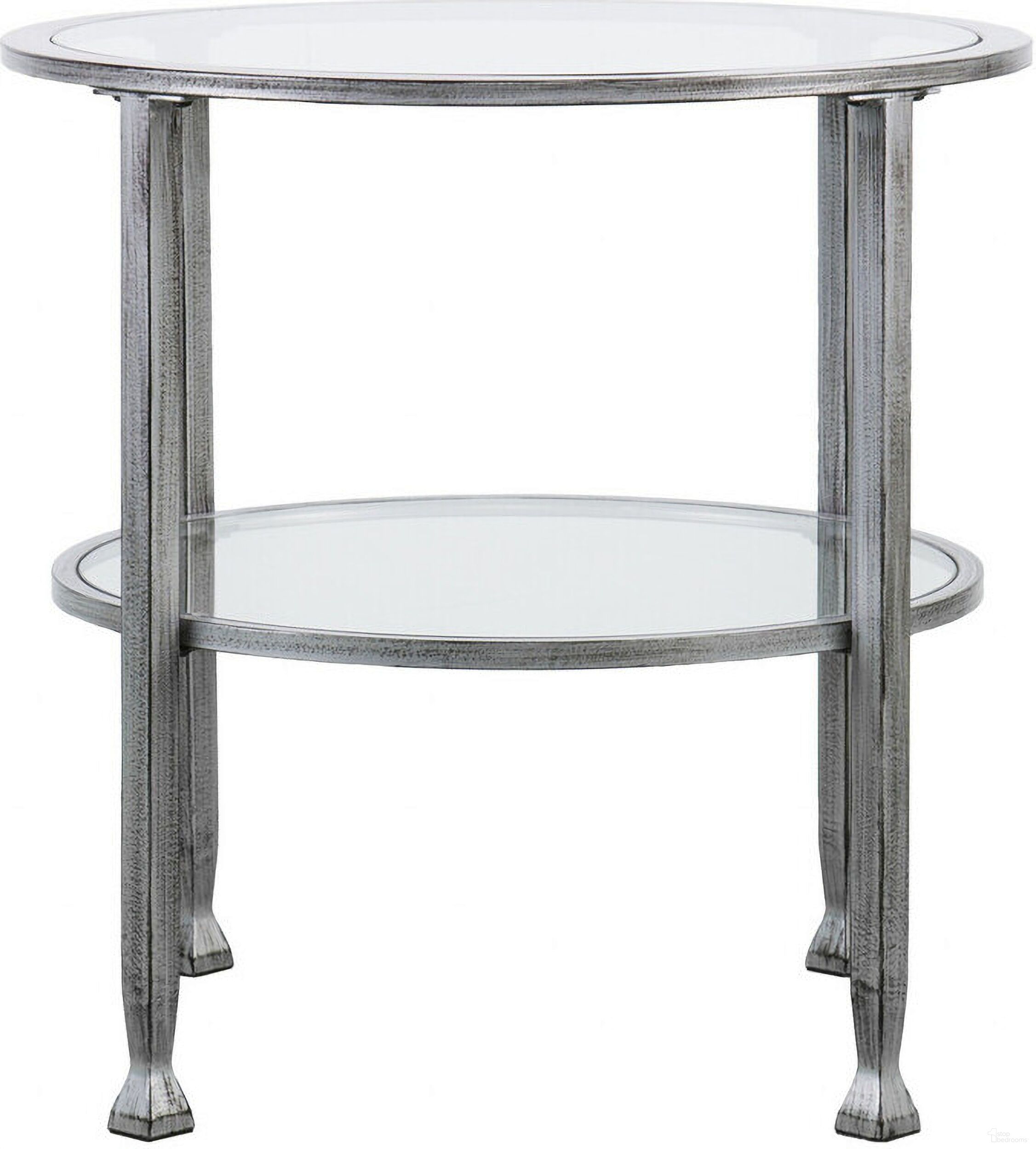 24 Inch Glass and Distressed Iron Round End Table with Shelf In Silver and Clear