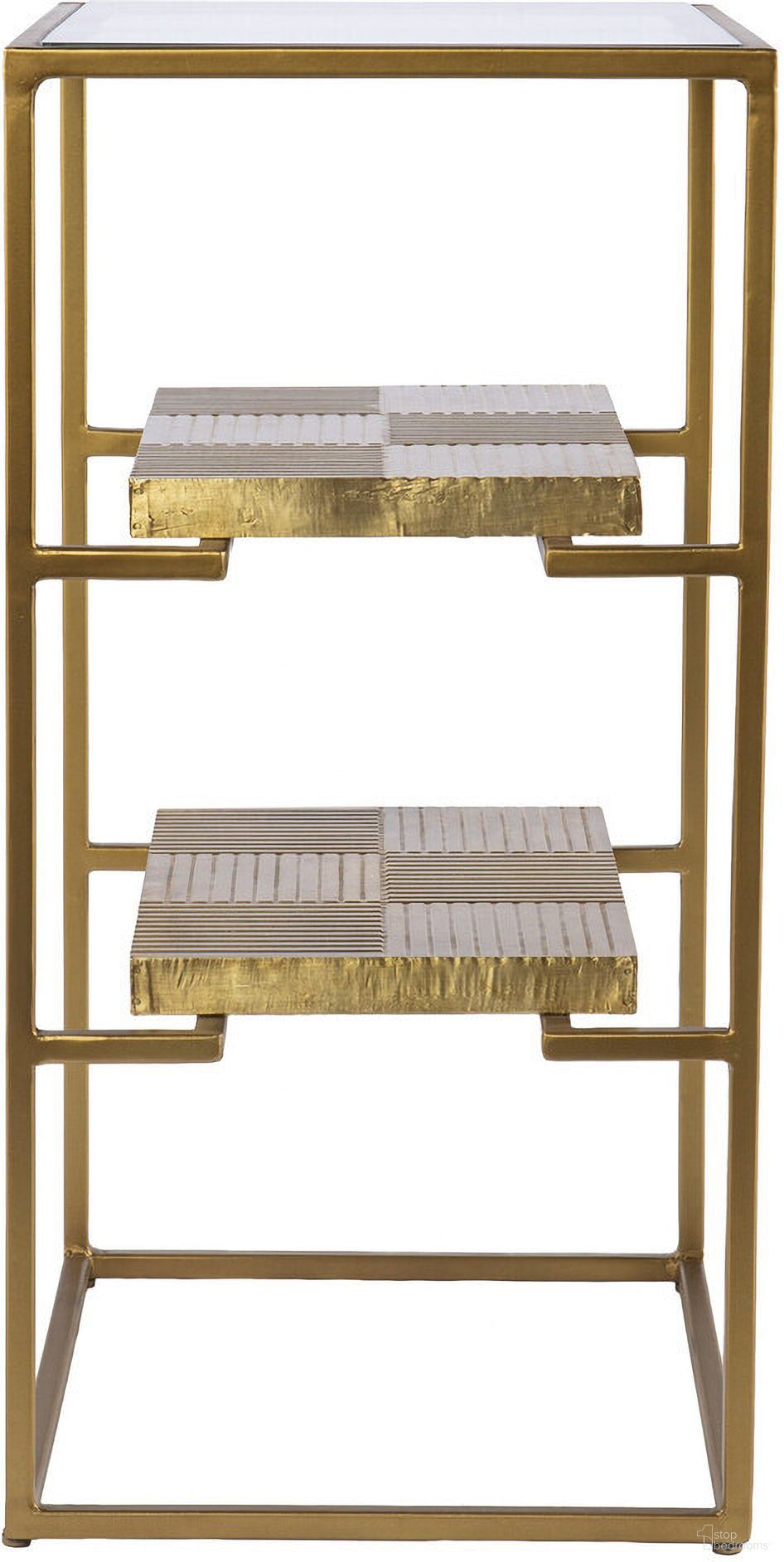 The appearance of 24 Inch Glass and Iron Rectangular End Table with Two Shelves In Brass designed by Homeroots in the modern / contemporary interior design. This brass piece of furniture was selected by 1StopBedrooms from to add a touch of cosiness and style into your home. Sku: 402437. Material: Glass.