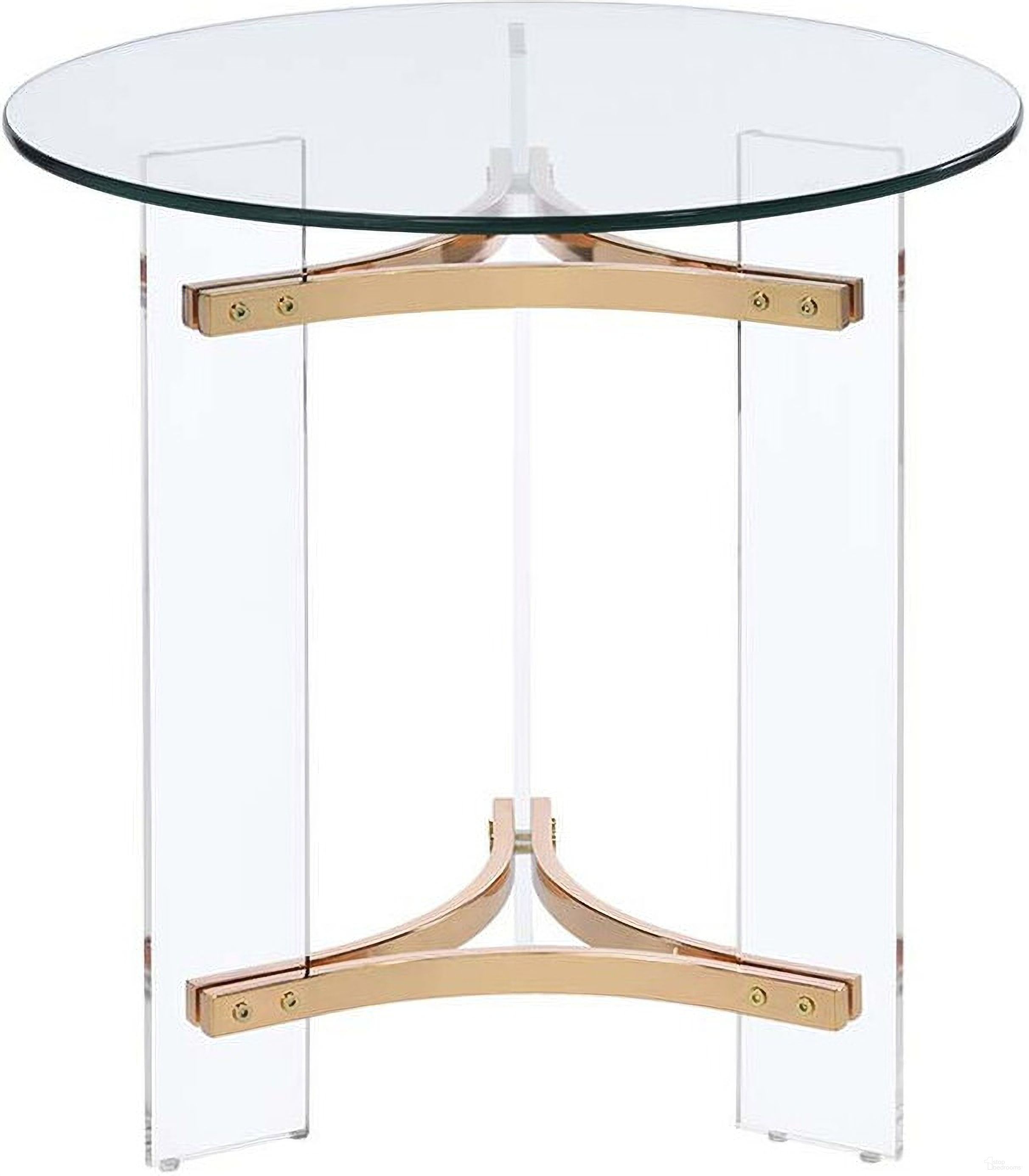 The appearance of 24 Inch Glass and Metal Round End Table In Clear and Gold designed by Homeroots in the modern / contemporary interior design. This clear/gold piece of furniture  was selected by 1StopBedrooms from  to add a touch of cosiness and style into your home. Sku: 486421. Material: Glass.