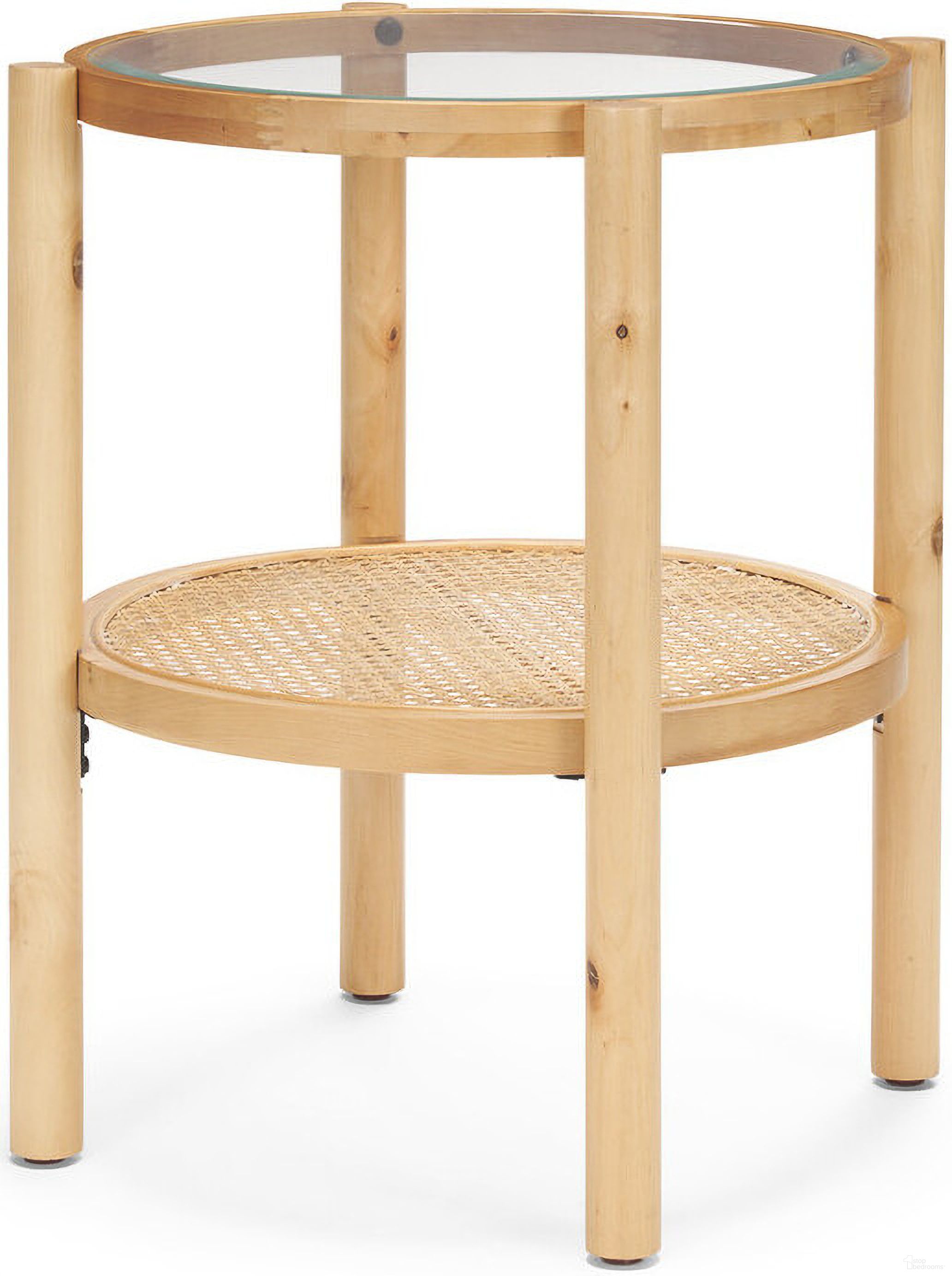 24 Inch Glass and Solid Wood Round End Table with Shelf In Clear and Light Brown