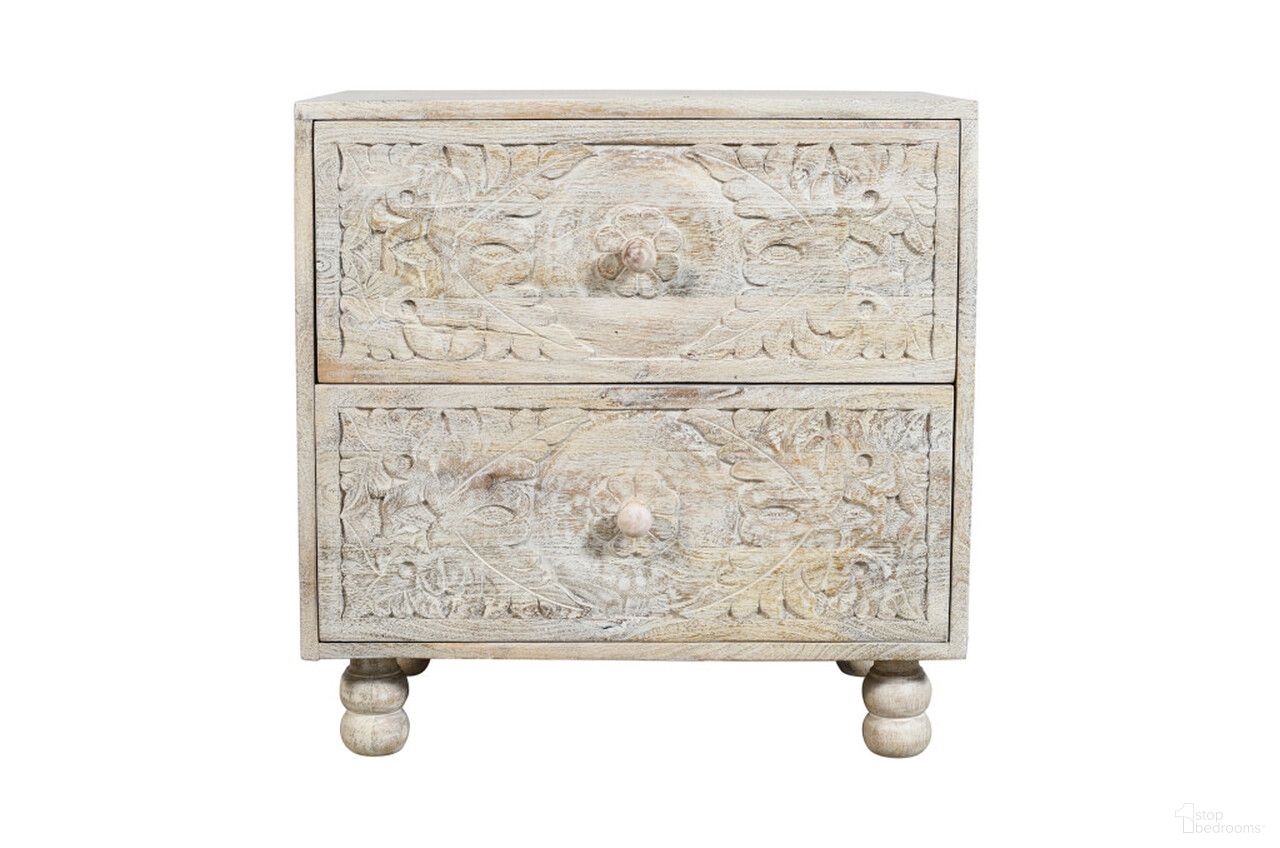The appearance of 24 Inch Solid Wood Distressed Carved Scrollwork Two Drawer Nightstand In Natural and White designed by Homeroots in the traditional interior design. This natural and white piece of furniture was selected by 1StopBedrooms from to add a touch of cosiness and style into your home. Sku: 555405. Material: Solid Wood.