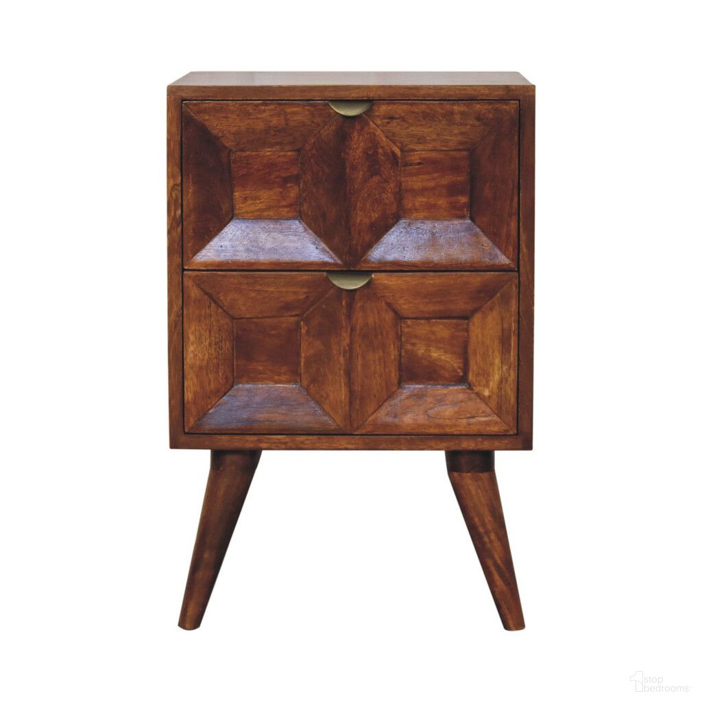 The appearance of 24 Inch Solid Wood Square Carved Geometric Two Drawer Nightstand In Chestnut designed by Homeroots in the rustic / southwestern interior design. This chestnut piece of furniture was selected by 1StopBedrooms from to add a touch of cosiness and style into your home. Sku: 651598. Material: Solid Wood.