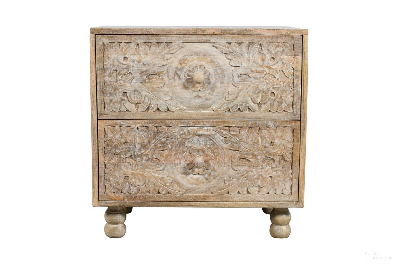 24 Inch Two Drawer Distressed Carved Floral Solid Wood Nightstand In Natural