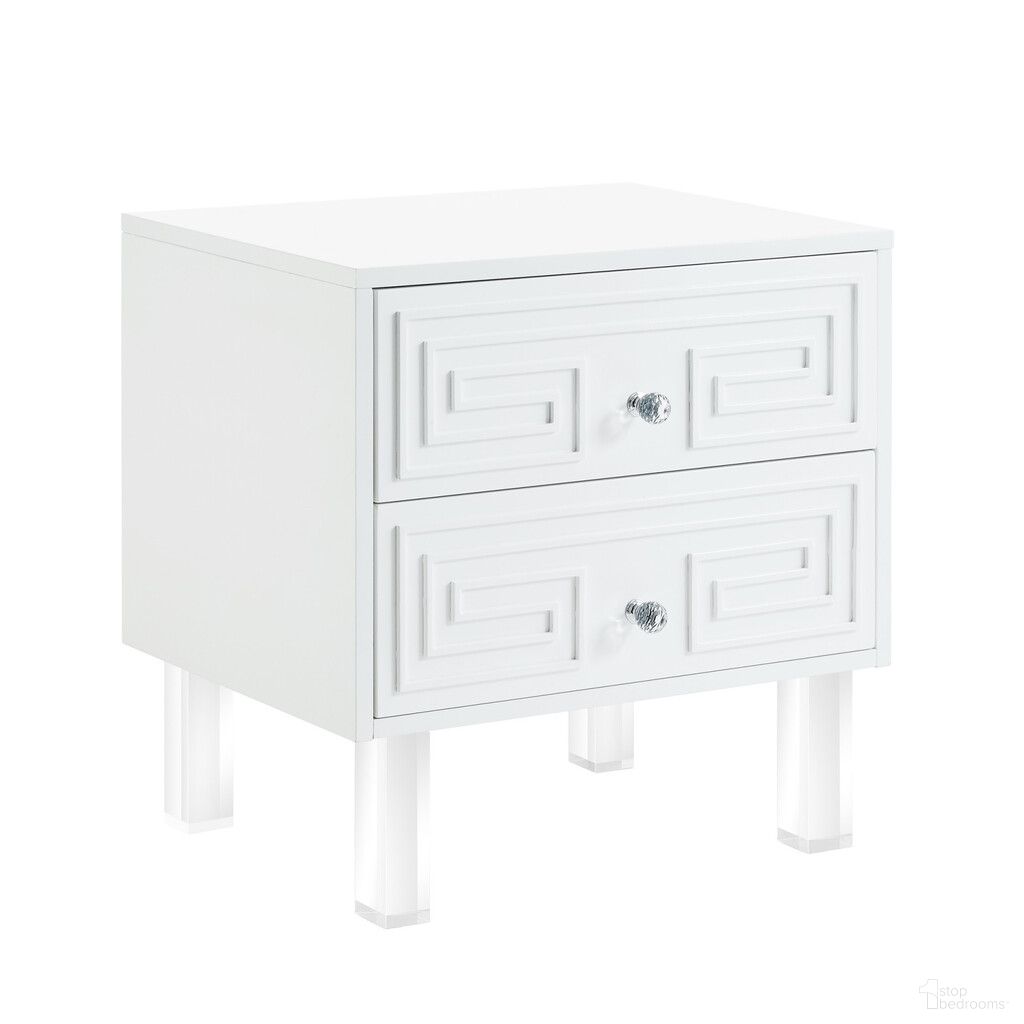 The appearance of 24 Inch Wood and Acrylic End Table with Two Drawers In White and Clear designed by Homeroots in the modern / contemporary interior design. This white/clear piece of furniture  was selected by 1StopBedrooms from  to add a touch of cosiness and style into your home. Sku: 544109. Material: Plastic.