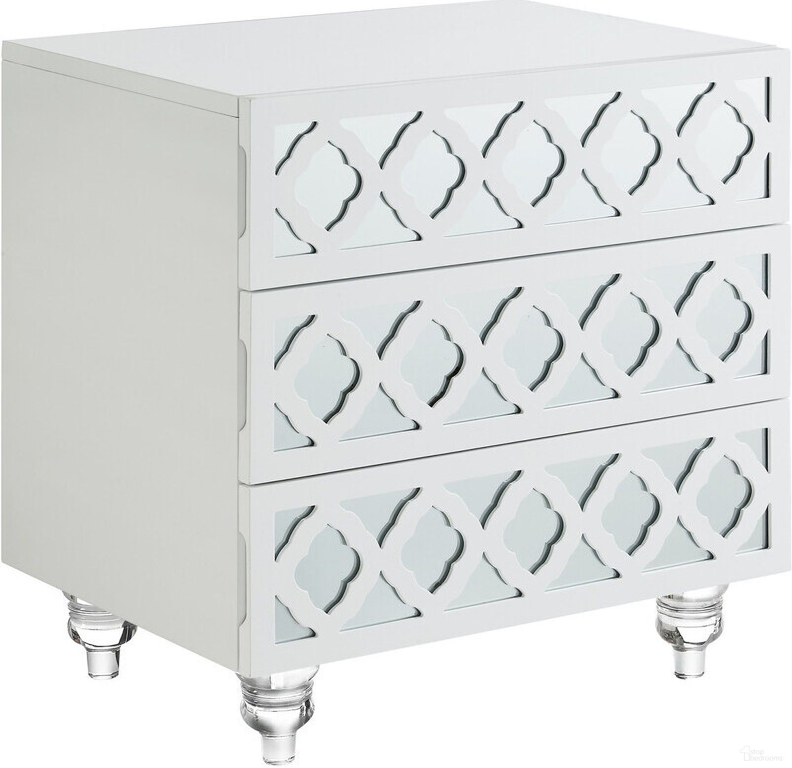 The appearance of 24 Inch Wood Mirrored End Table with Three Drawers In White and Clear designed by Homeroots in the transitional interior design. This white/clear piece of furniture  was selected by 1StopBedrooms from  to add a touch of cosiness and style into your home. Sku: 544099. Material: Wood.
