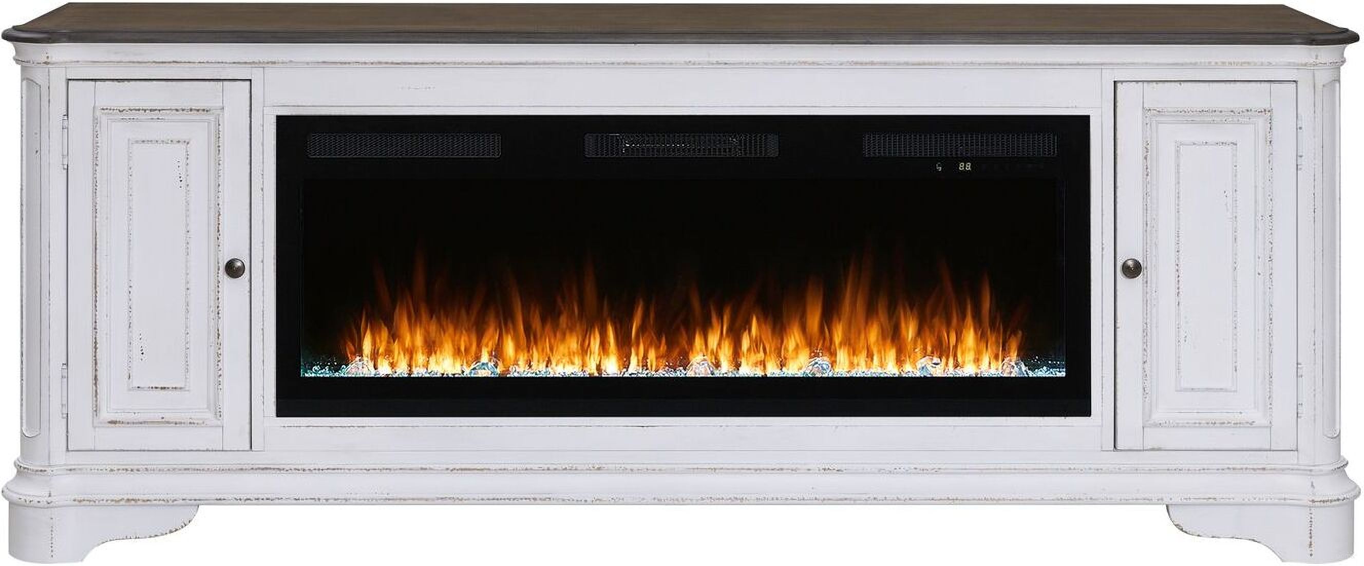 The appearance of 244 82 Inch Console with Fire FTS In Brown designed by Liberty in the transitional interior design. This brown piece of furniture was selected by 1StopBedrooms from Fireplace Collection to add a touch of cosiness and style into your home. Sku: FIRE-244-TV82FTS;50FIREBOX. Material: Wood.