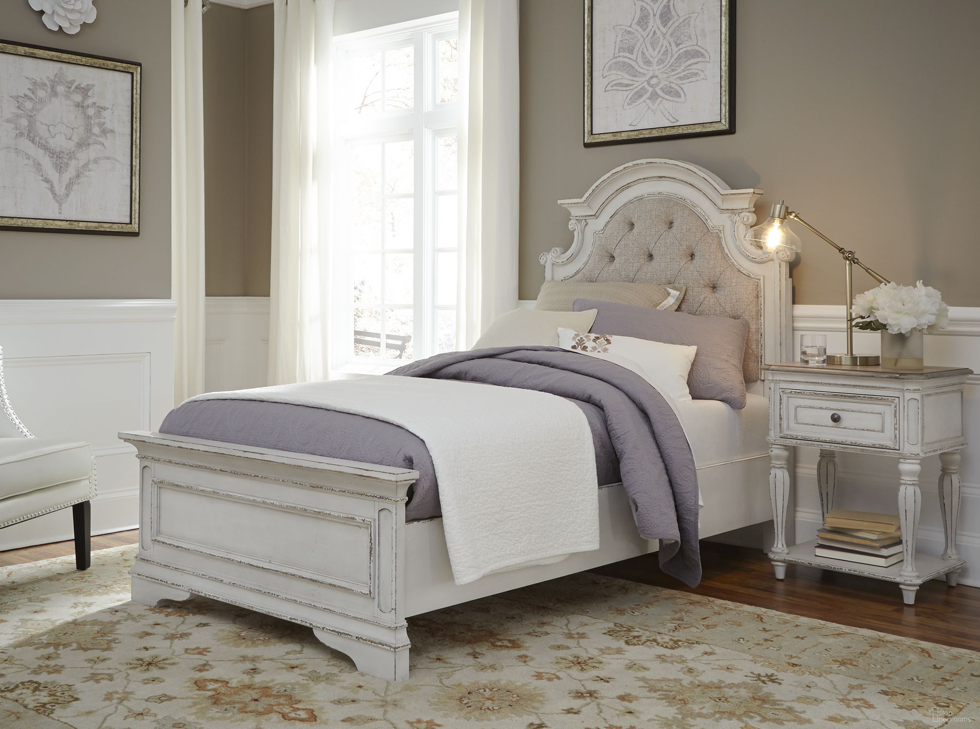 The appearance of Magnolia Manor Antique White Youth Upholstered Panel Bedroom Set designed by Liberty in the transitional interior design. This antique white piece of furniture was selected by 1StopBedrooms from Magnolia Manor Collection to add a touch of cosiness and style into your home. Sku: 244-BR11HU;244-BR12;244-BR89;244-BR62. Material: Wood. Bed Size: Twin. Bed Type: Upholstered Bed.