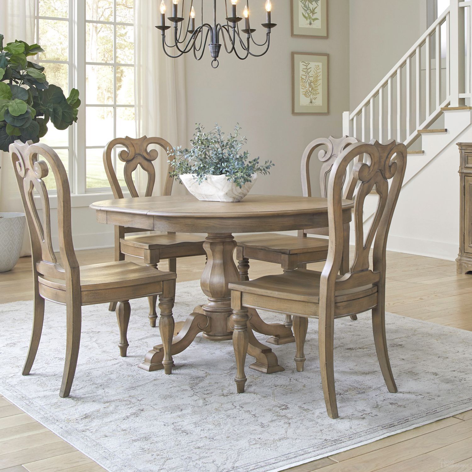 The appearance of Magnolia Manor Pedestal Dining Room Set In Weathered Bisque designed by Liberty in the traditional interior design. This weathered bisque piece of furniture was selected by 1StopBedrooms from Magnolia Manor Collection to add a touch of cosiness and style into your home. Sku: 244N-P4260;244N-T4260;244N-C2500S. Table Top Shape: Oval. Size: 60" x 42". Material: Oak Veneer.