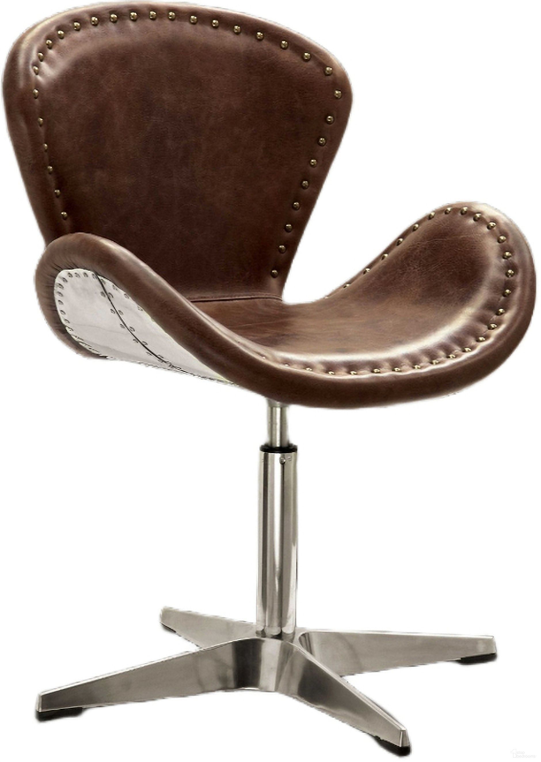 25 Inch Faux Leather Distressed Swivel Arm Chair In Silver and Brown