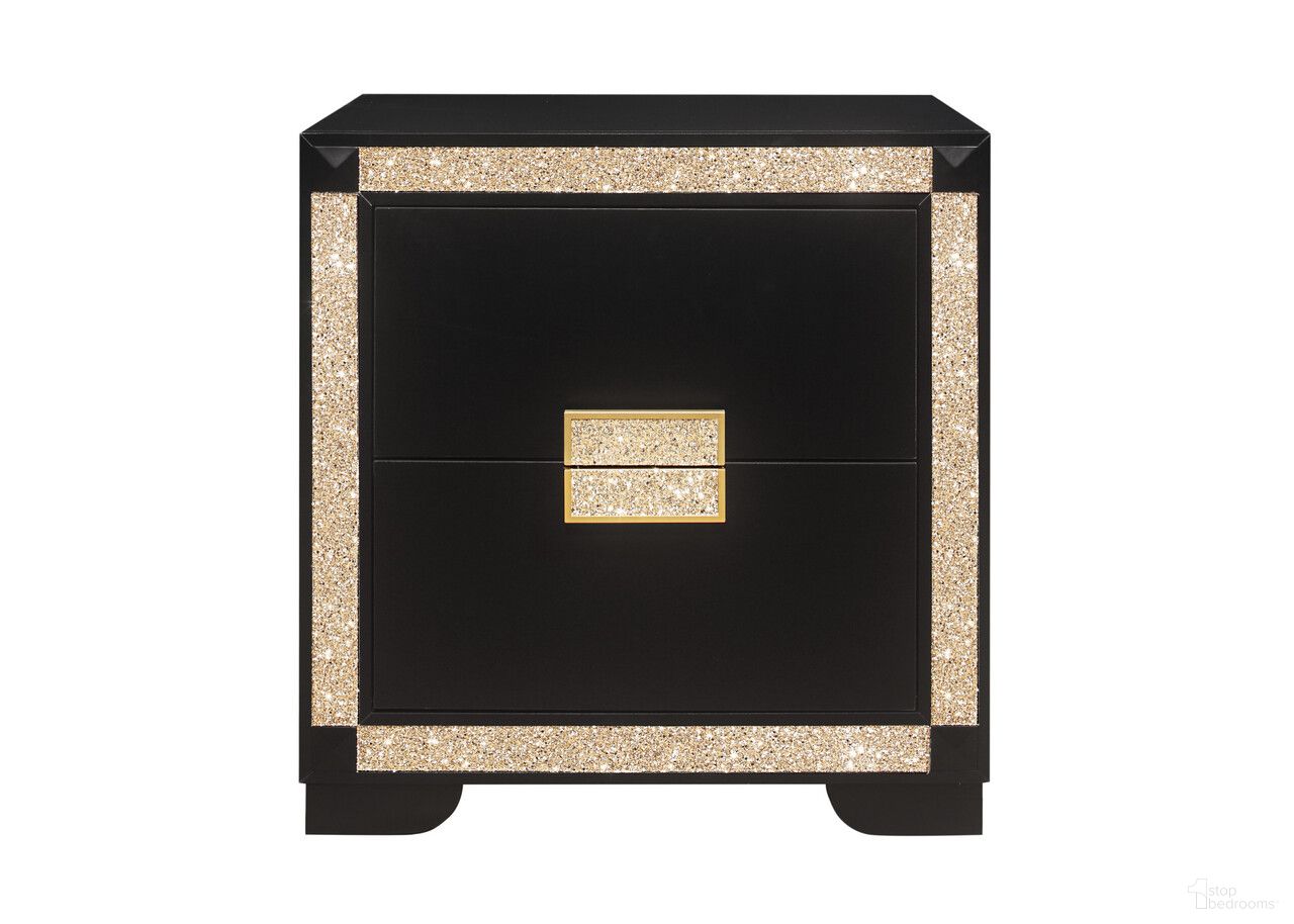 26 Inch Two Drawer Faux Crystal Bling Wood Nightstand In Black and Gold