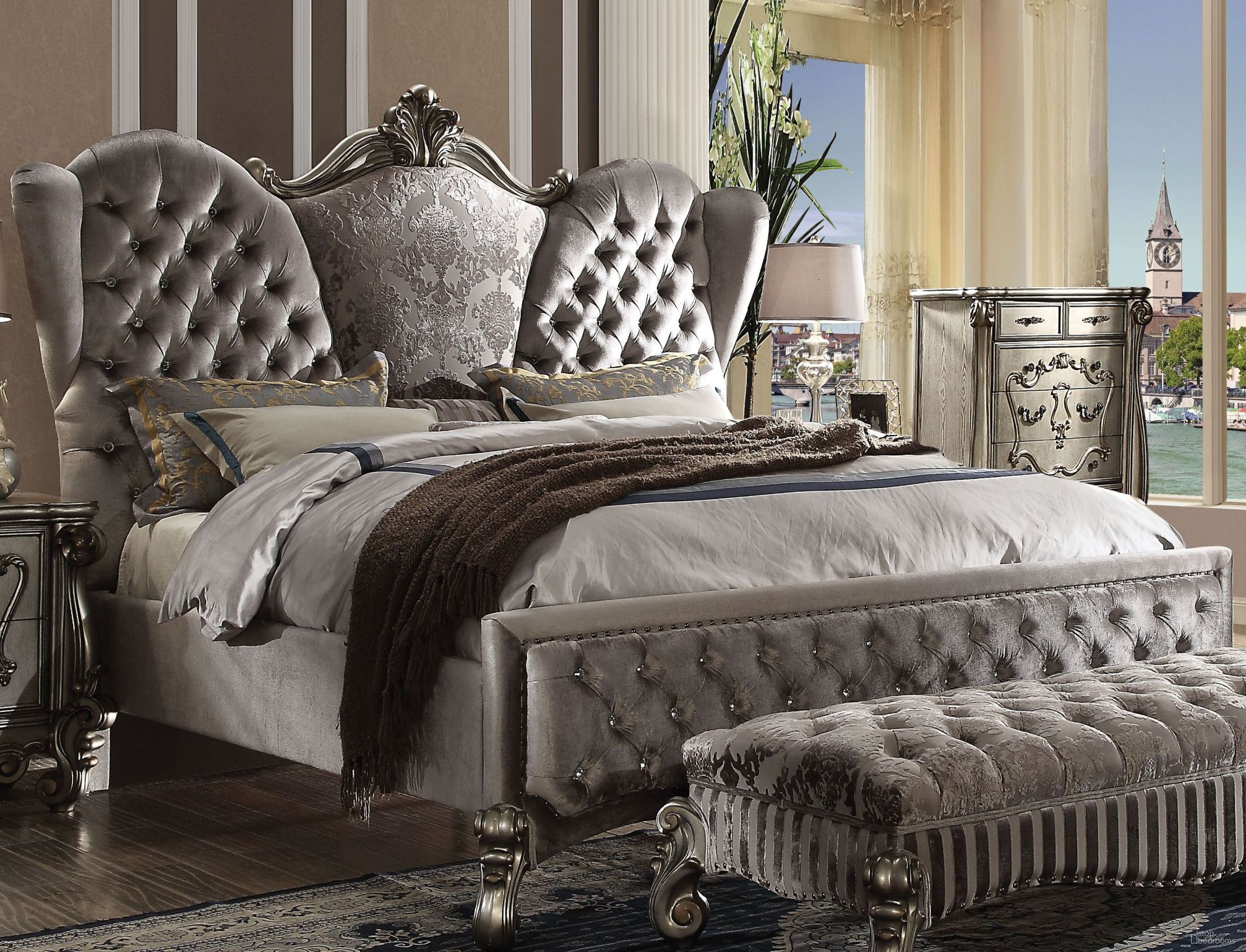 The appearance of Versailles Velvet and Antique Platinum Queen Upholstered Panel Bed designed by ACME in the rustic / southwestern interior design. This silver piece of furniture  was selected by 1StopBedrooms from Versailles Collection to add a touch of cosiness and style into your home. Sku: 26820Q-HB;26821Q-FB;26822Q-R. Bed Type: Panel Bed. Material: Fabric. Bed Size: Queen.