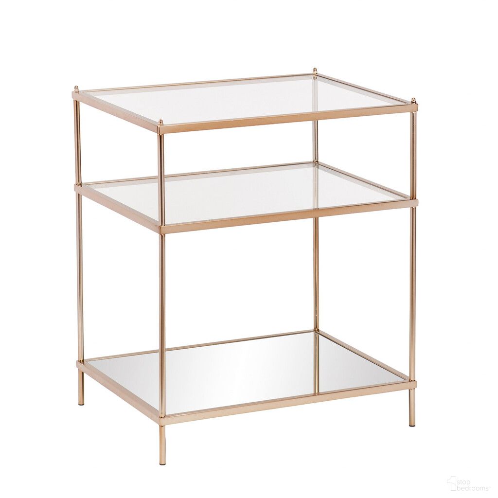 The appearance of 27 Inch Glass and Iron End Table with Mirrored Shelf In Clear and Gold designed by Homeroots in the modern / contemporary interior design. This clear/gold piece of furniture  was selected by 1StopBedrooms from  to add a touch of cosiness and style into your home. Sku: 402479. Material: Iron.