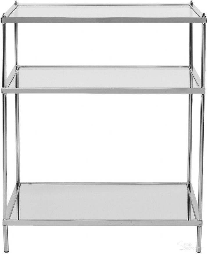 The appearance of 27 Inch Mirrored Glass and Iron End Table with Shelf In Silver designed by Homeroots in the modern / contemporary interior design. This silver piece of furniture  was selected by 1StopBedrooms from  to add a touch of cosiness and style into your home. Sku: 402481. Material: Glass.