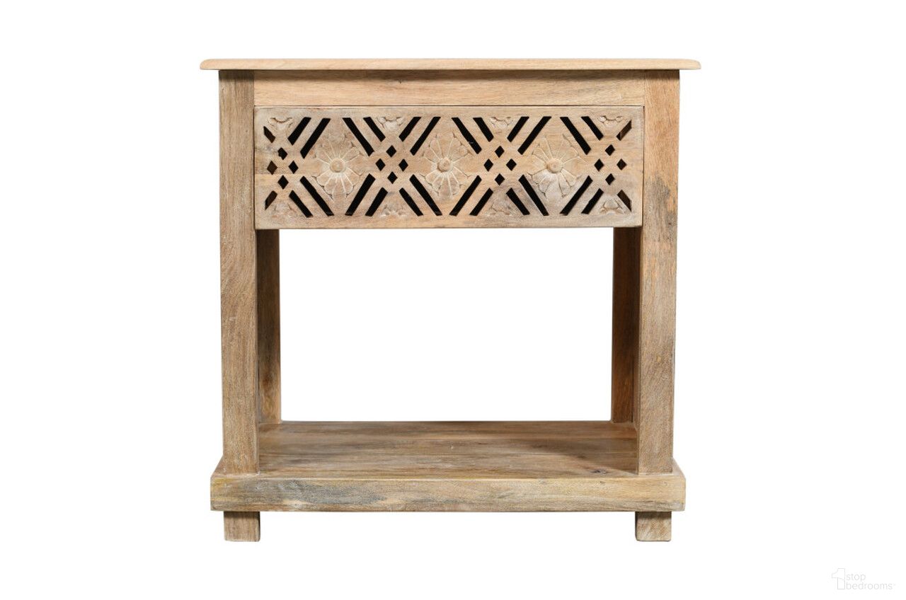 The appearance of 28 Inch Solid Wood Carved Geometric One Drawer Nightstand In Natural designed by Homeroots in the rustic / southwestern interior design. This natural piece of furniture was selected by 1StopBedrooms from to add a touch of cosiness and style into your home. Sku: 555399. Material: Solid Wood.