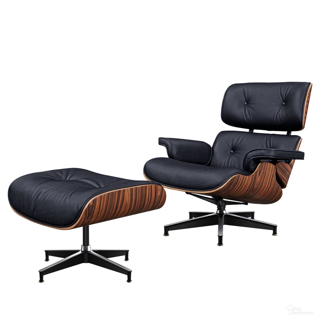 28 Inch Tufted Genuine Leather Lounge Chair with Ottoman In Black and Rosewood