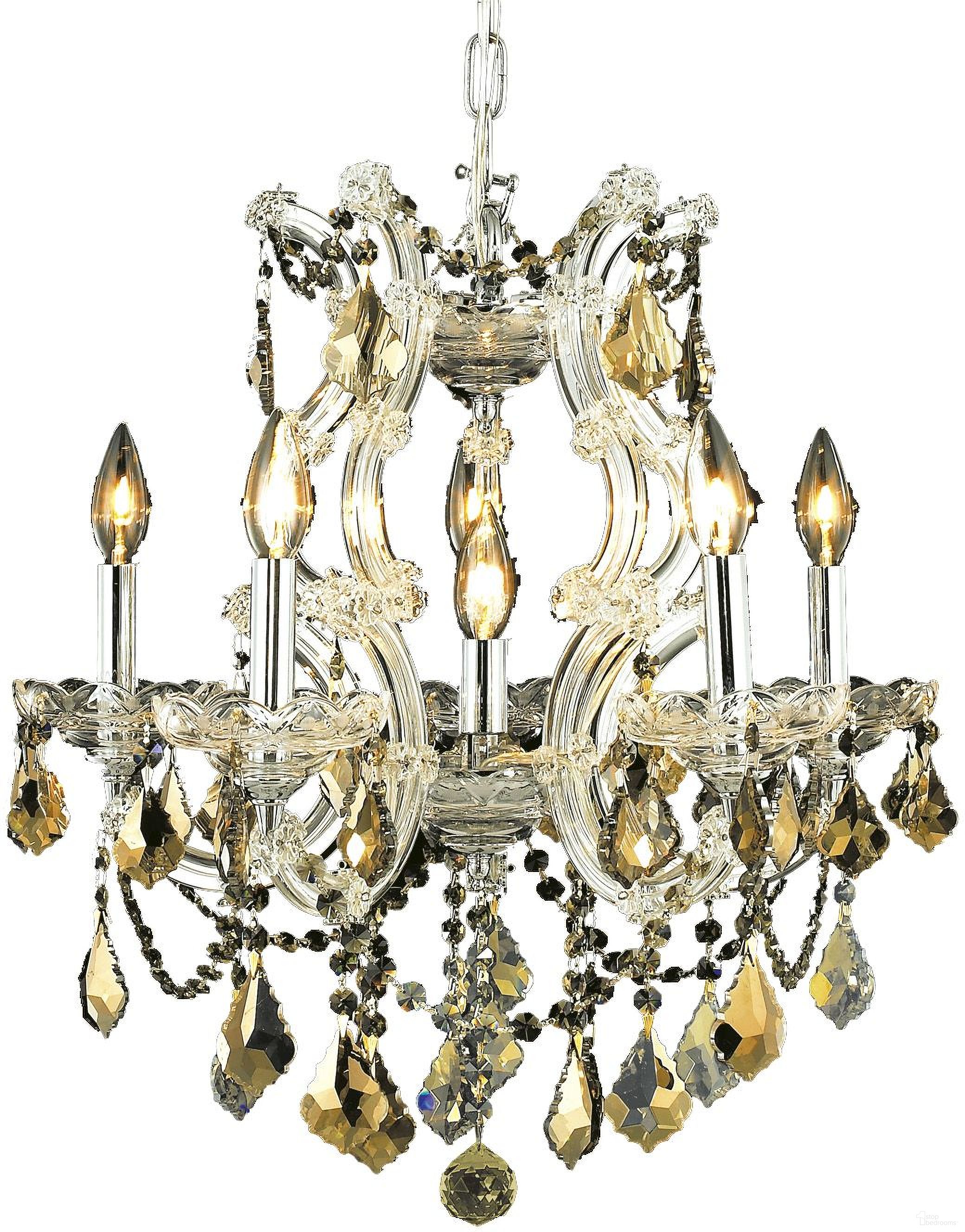 Maria Theresa 20" Chrome 6 Light Pendant With Golden Teak Royal Cut Crystal Trim