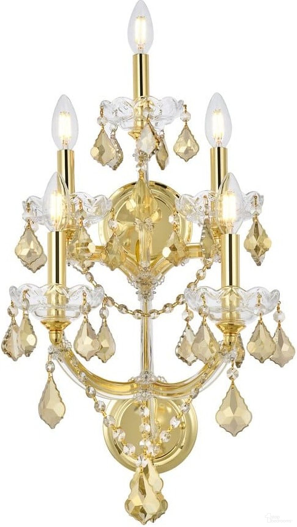 2800w5g GtRc Maria Theresa 12" Gold 5 Light Wall Sconce With Golden Teak Royal Cut Crystal Trim