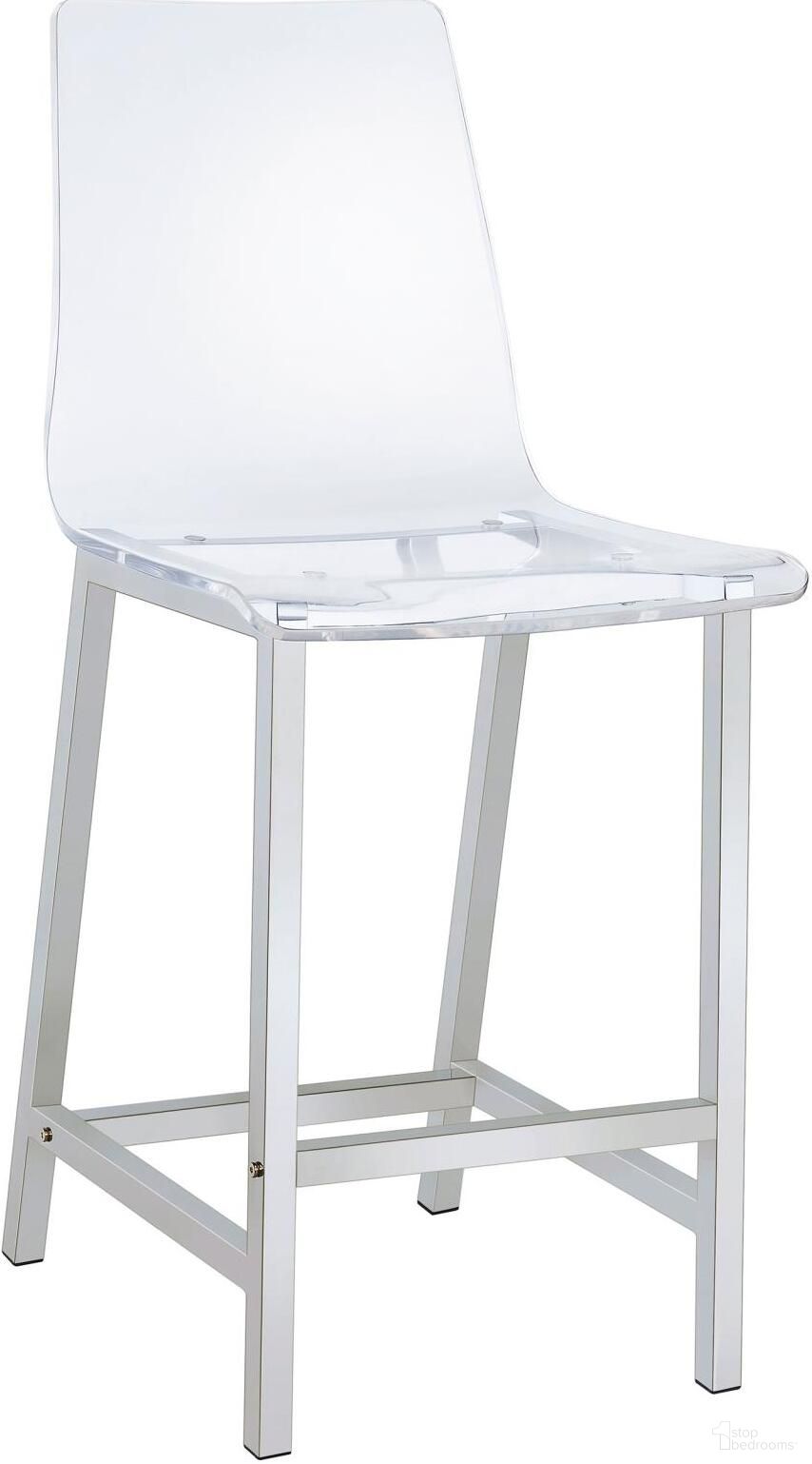 The appearance of Juelia Counter Height Stools Chrome and Clear Acrylic Set of 2 designed by Coaster in the modern / contemporary interior design. This clear acrylic piece of furniture was selected by 1StopBedrooms from Juelia Collection to add a touch of cosiness and style into your home. Sku: 100265. Material: Metal.