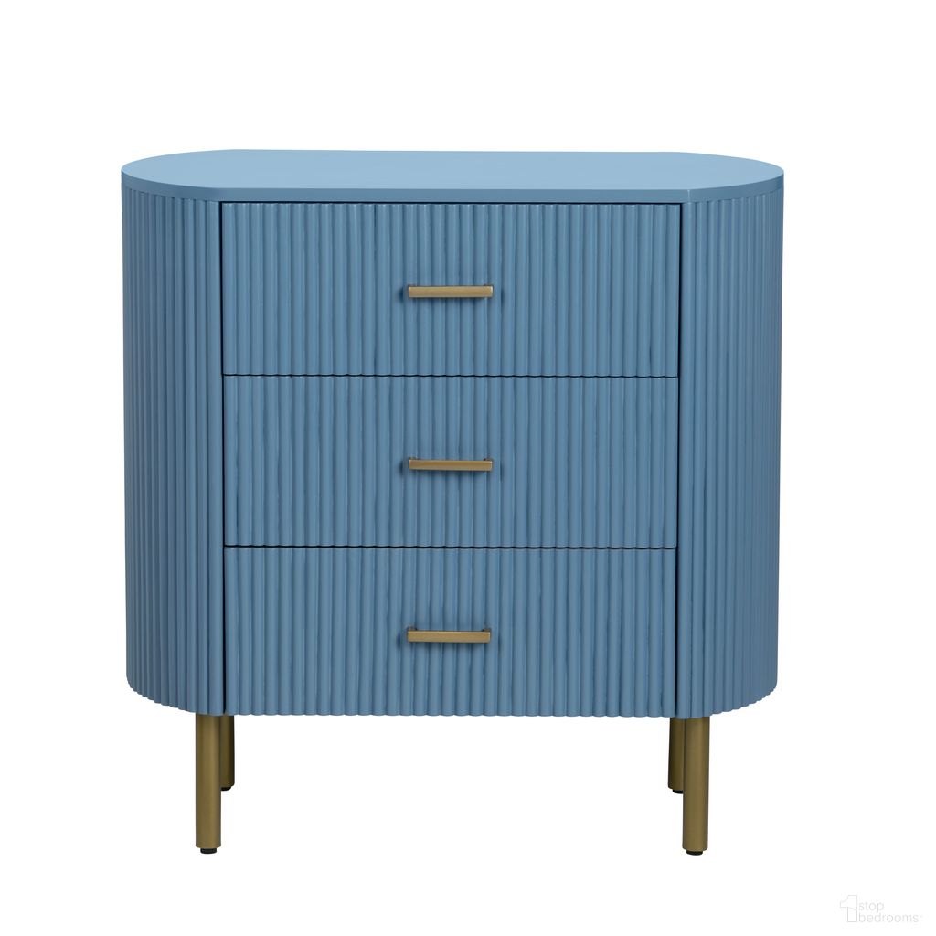 The appearance of 3-Drawer Accent Chest In Blue designed by Crestview Collection in the transitional interior design. This blue piece of furniture  was selected by 1StopBedrooms from  to add a touch of cosiness and style into your home. Sku: CVFDR1304. Material: Solid Wood.