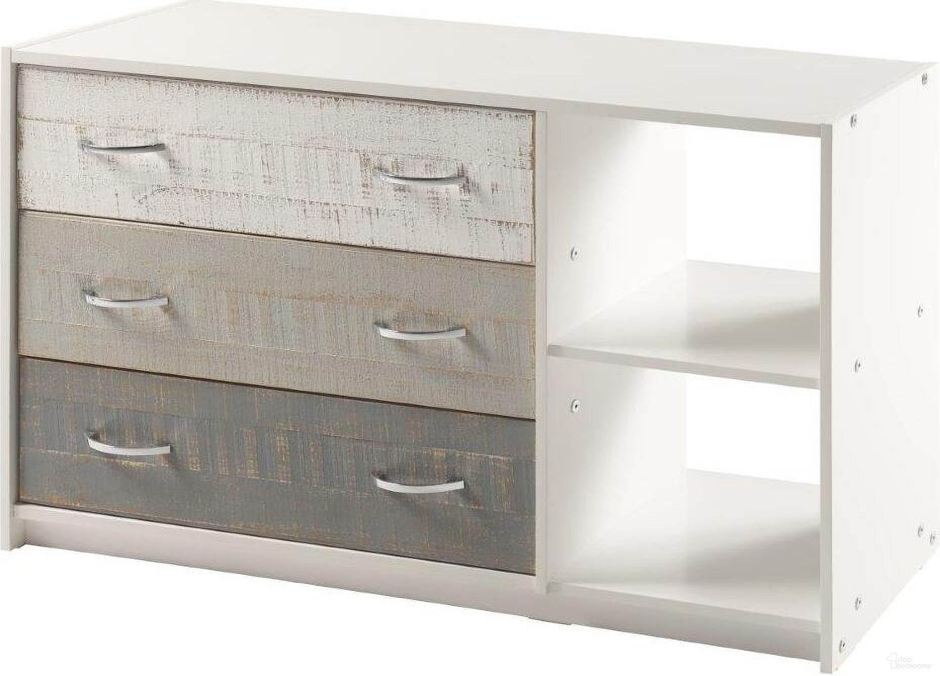 The appearance of 3 Drawer Chest-Shelf Grey White designed by DONCO kids in the country / farmhouse interior design. This white and grey piece of furniture was selected by 1StopBedrooms from to add a touch of cosiness and style into your home. Sku: 5000-BGW. Material: Wood.