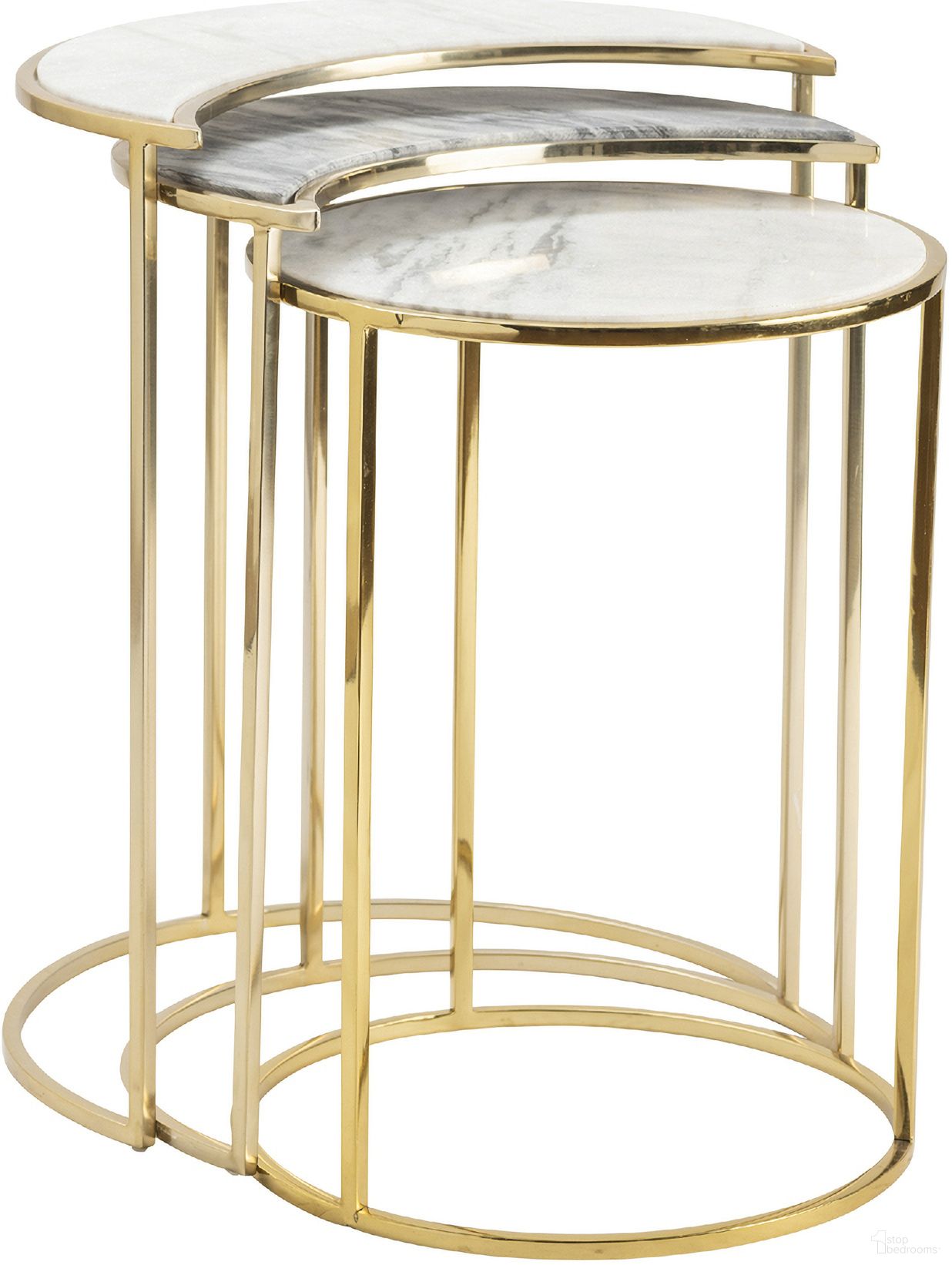 The appearance of 3 Piece Astronomy Nesting Table Set In Gold and White designed by Crestview Collection in the transitional interior design. This gold/white piece of furniture  was selected by 1StopBedrooms from  to add a touch of cosiness and style into your home. Sku: CVFNR5008. Material: Marble.