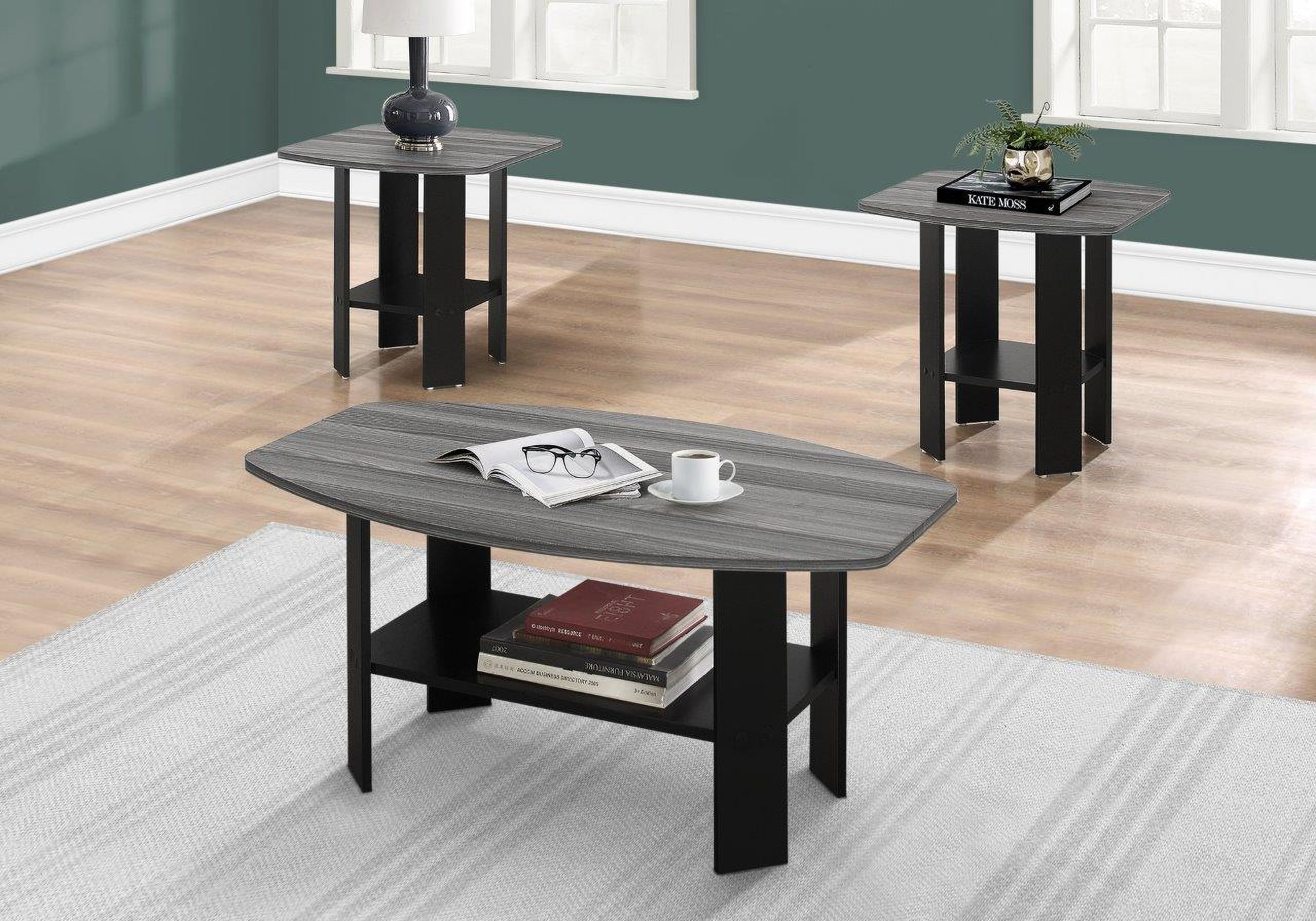 3 Piece Occasional Table Set In Black Grey Top