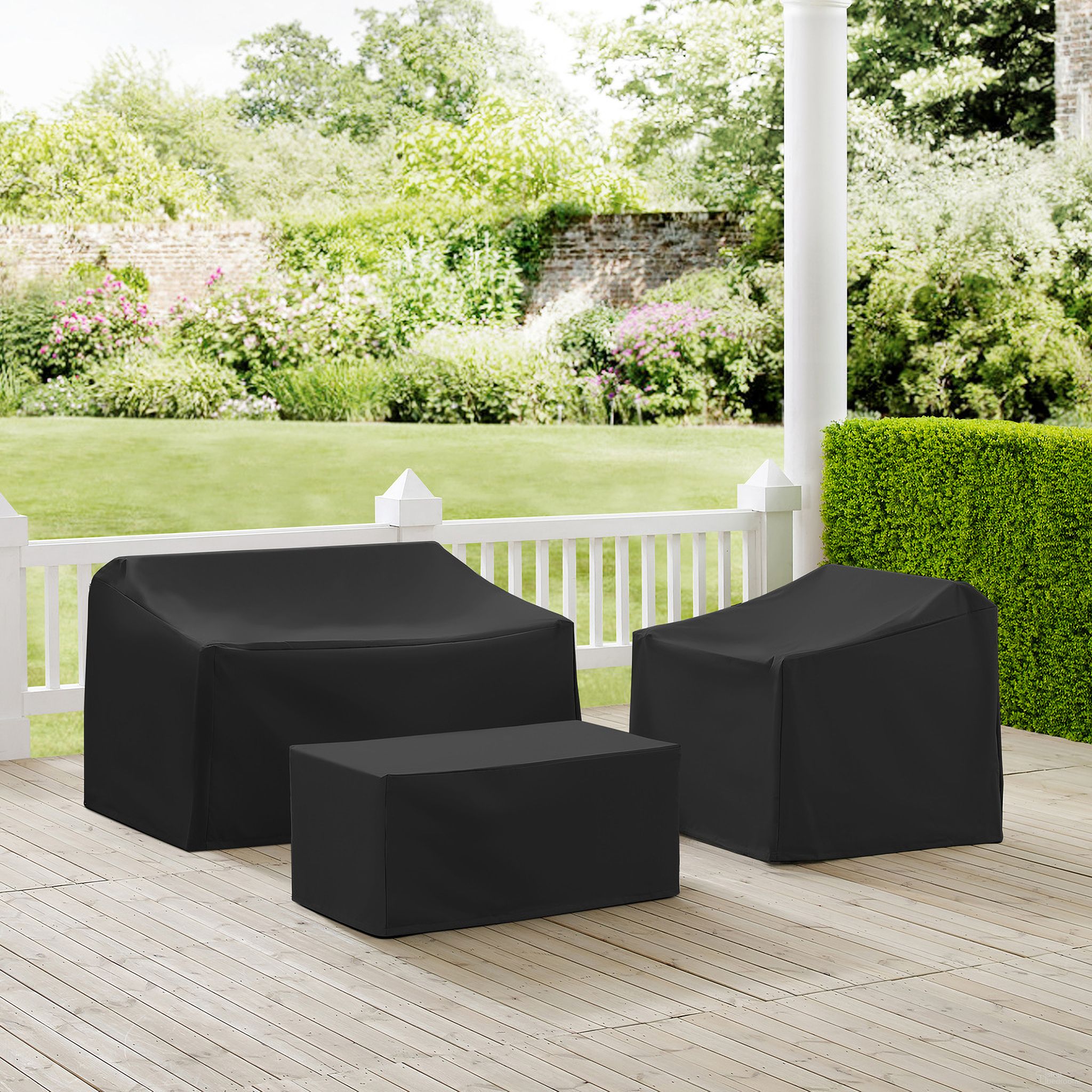 The appearance of 3 Piece Outdoor Furniture Cover Set In Black designed by Crosley Brands in the modern / contemporary interior design. This black piece of furniture was selected by 1StopBedrooms from Furniture Covers Collection to add a touch of cosiness and style into your home. Sku: CO7501-BK;CO7500-BK;CO7502-BK. Material: PVC.
