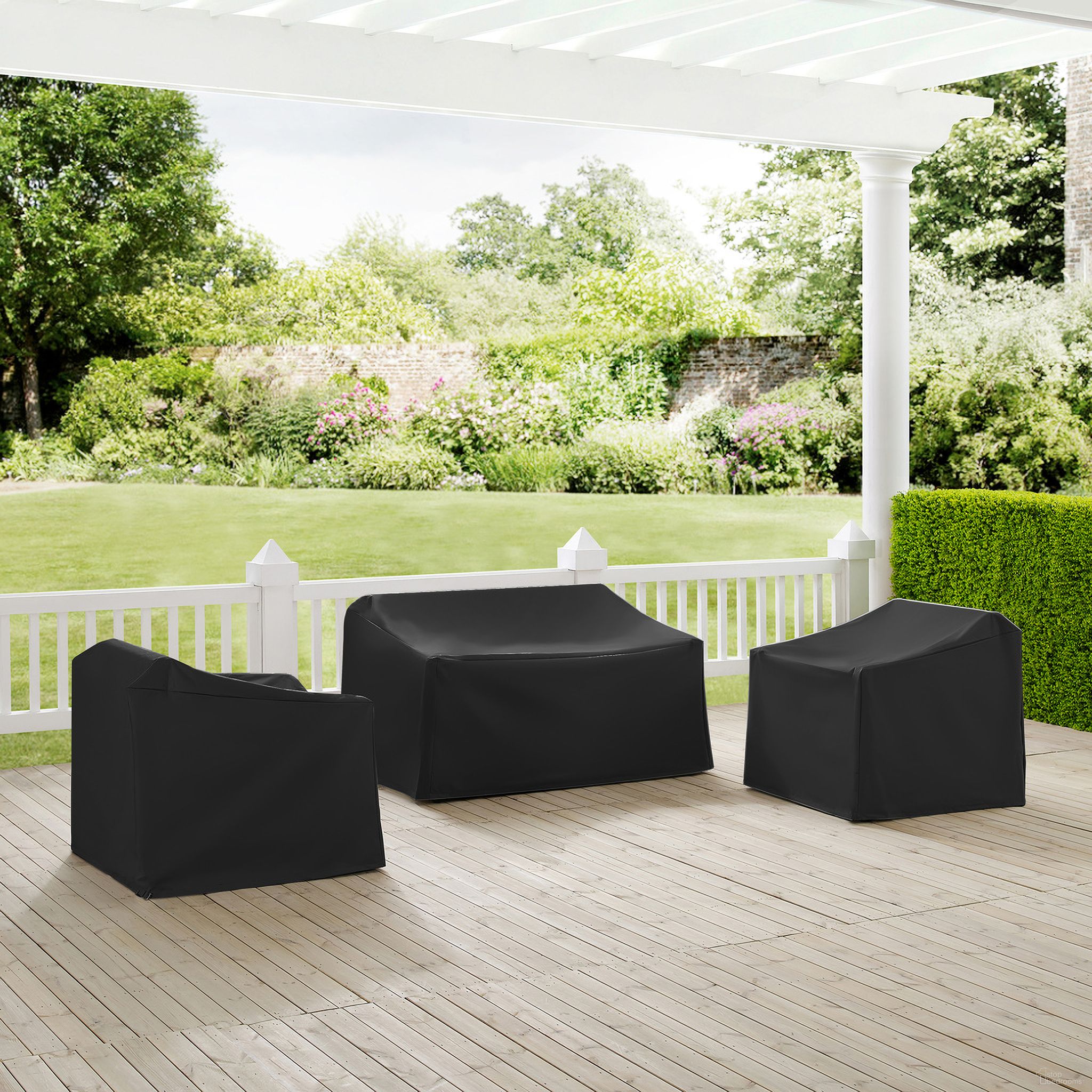 The appearance of 3 Piece Outdoor Furniture Cover Set In Black designed by Crosley Brands in the modern / contemporary interior design. This black piece of furniture was selected by 1StopBedrooms from Furniture Covers Collection to add a touch of cosiness and style into your home. Sku: CO7501-BK;CO7500-BK;CO7500-BK. Material: PVC.