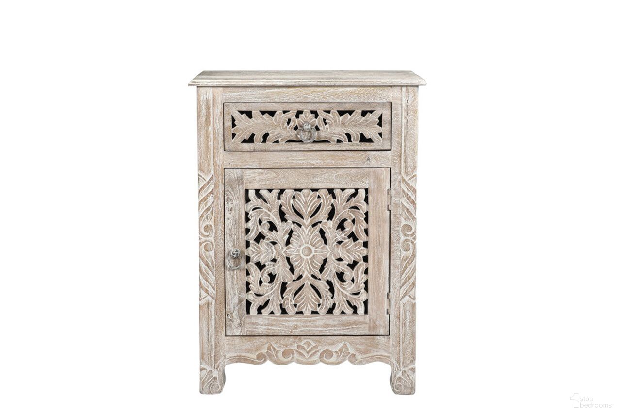 The appearance of 30 Inch Distressed One Drawer Carved Floral Solid Wood Nightstand In White designed by Homeroots in the traditional interior design. This white piece of furniture  was selected by 1StopBedrooms from  to add a touch of cosiness and style into your home. Sku: 521198. Material: Solid Wood.
