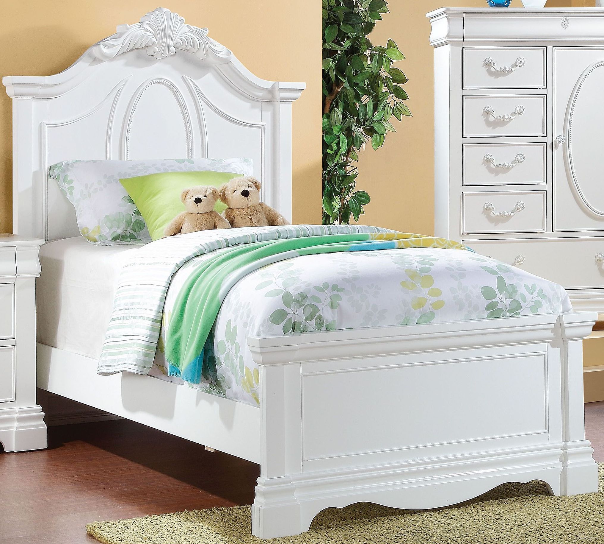 The appearance of Estrella White Twin Panel Bed designed by ACME in the transitional interior design. This white piece of furniture  was selected by 1StopBedrooms from Estrella Collection to add a touch of cosiness and style into your home. Sku: 30240T-HB;30241T-FB;30242T-R. Bed Type: Panel Bed. Material: Wood. Bed Size: Twin.